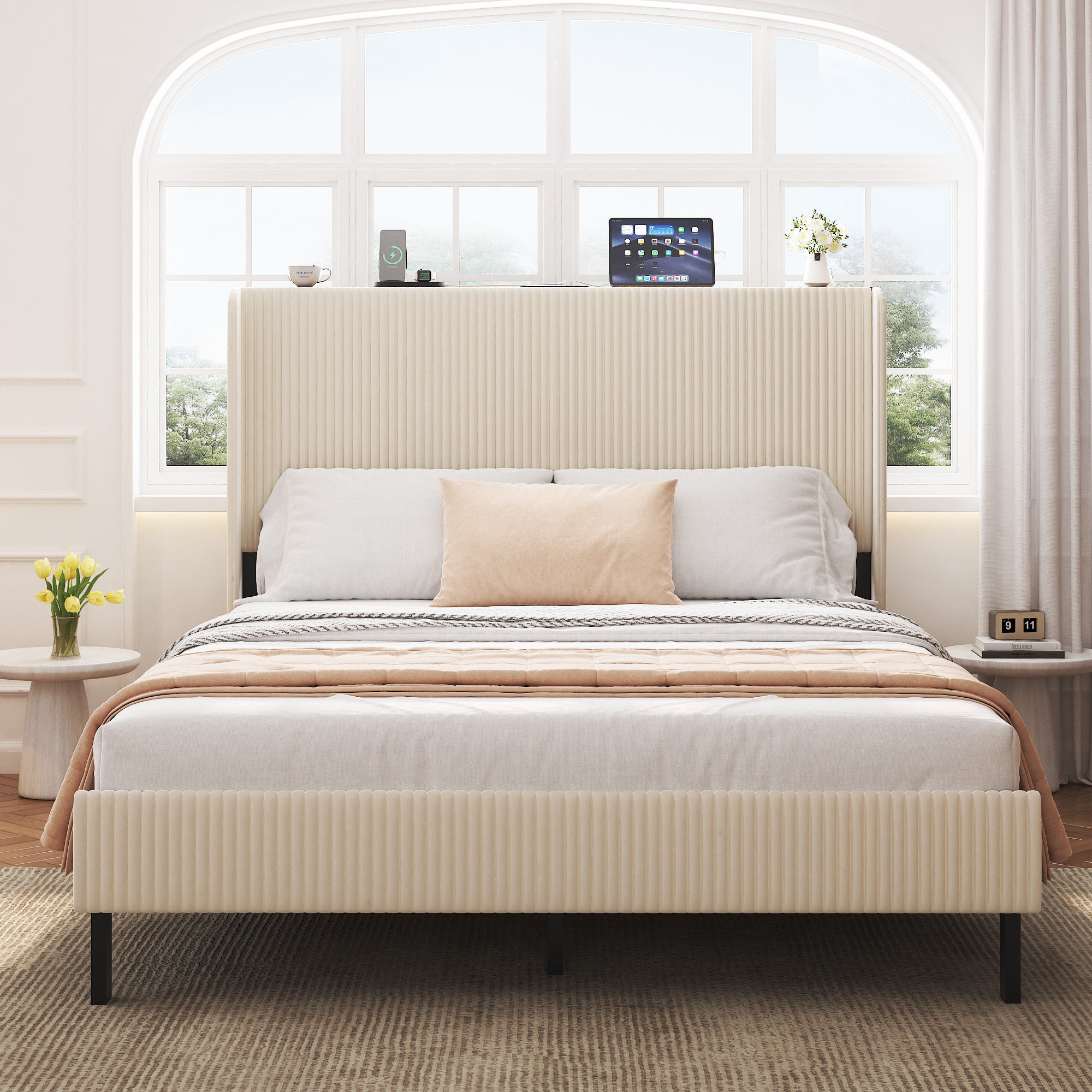Anthony & Home Signature Beige Queen Platform Bed with metal frame and built-in charging ports, showcasing a stylish and modern bedroom setup.