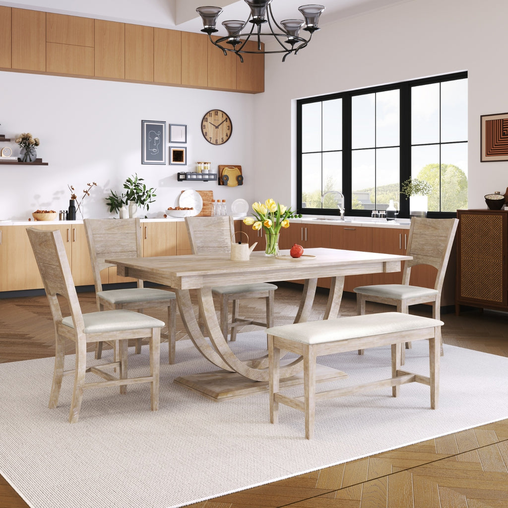 Topmax 6 Wood Half Round Dining Set With Bench And Chairs