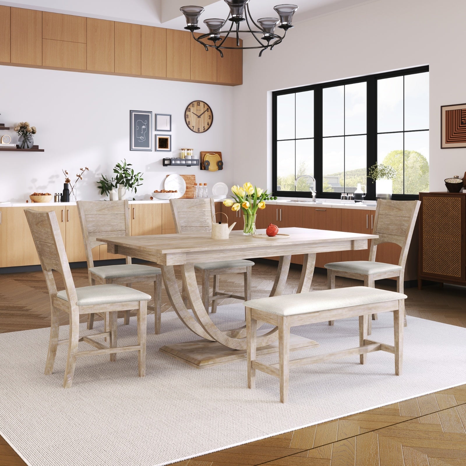 Topmax 6 Wood Half Round Dining Set With Bench And Chairs