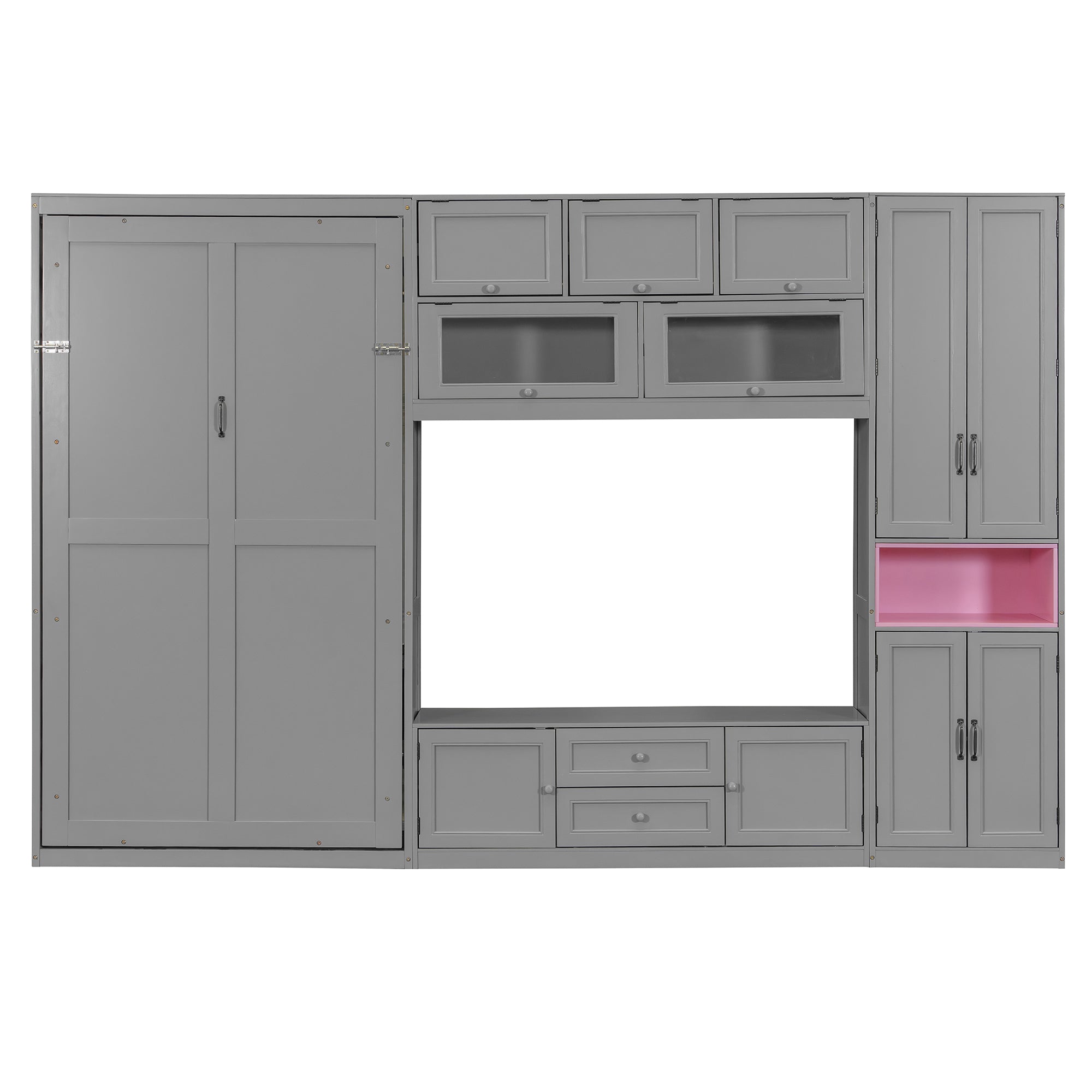 Gray solid wood Atelier Murphy Bed TV stand with drawers by Anthony & Home, showcasing a modern, space-saving design with storage.