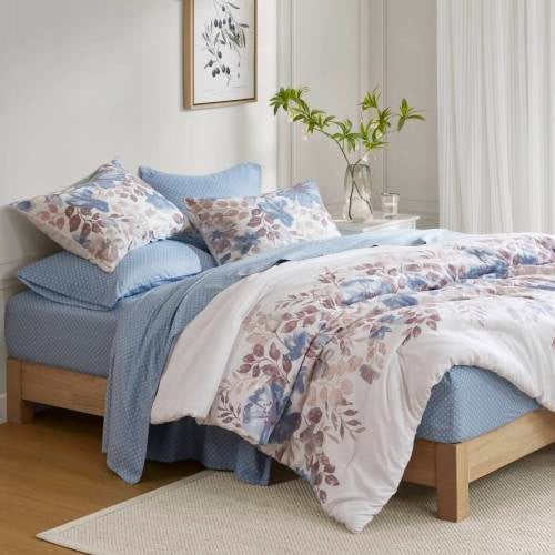 Blue Floral Comforter Set With Bed Sheets Queen Size