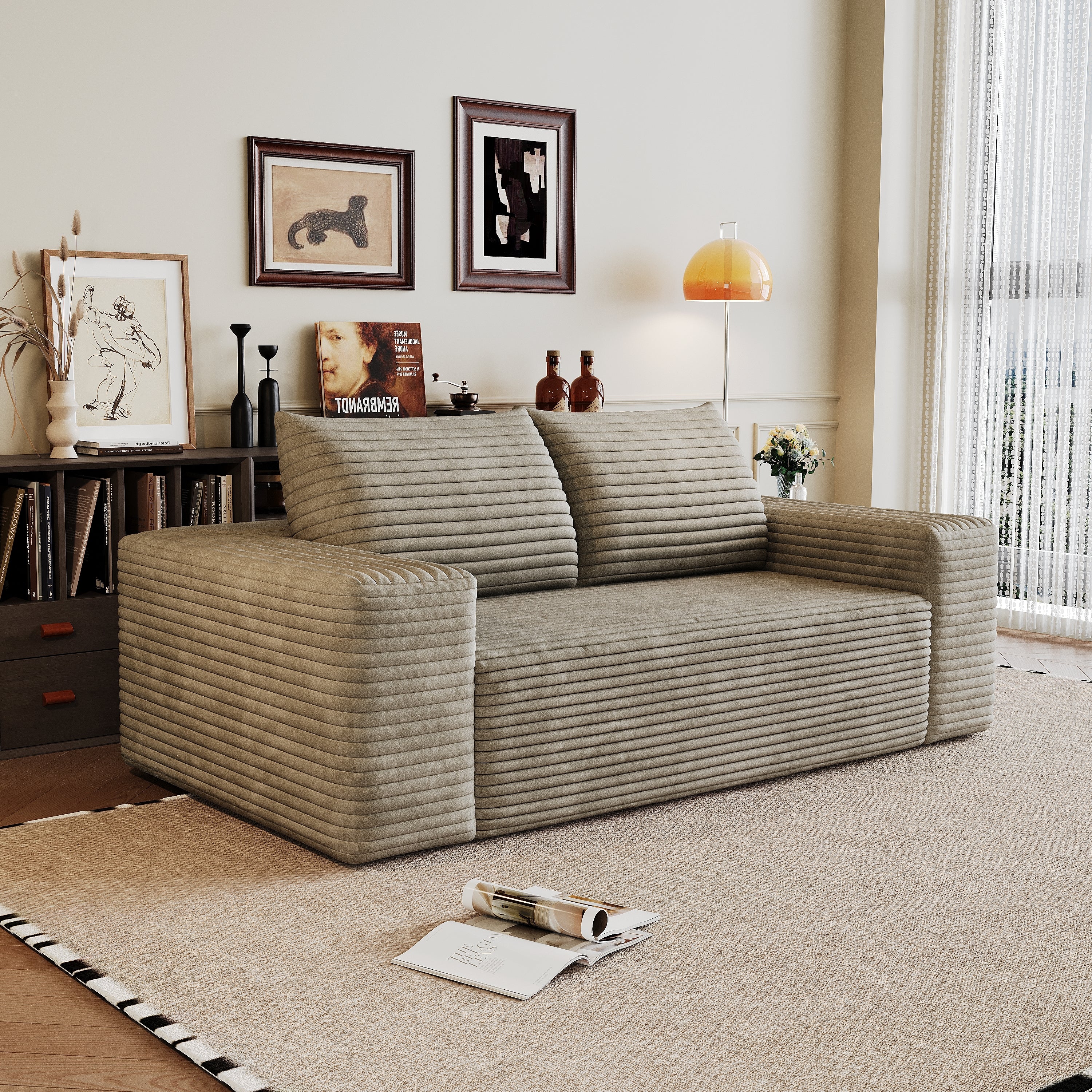 Anthony & Home Signature Corduroy Camel Two-Seater Sofa, with plush cushion and stylish design, shown in a cozy living room setting.