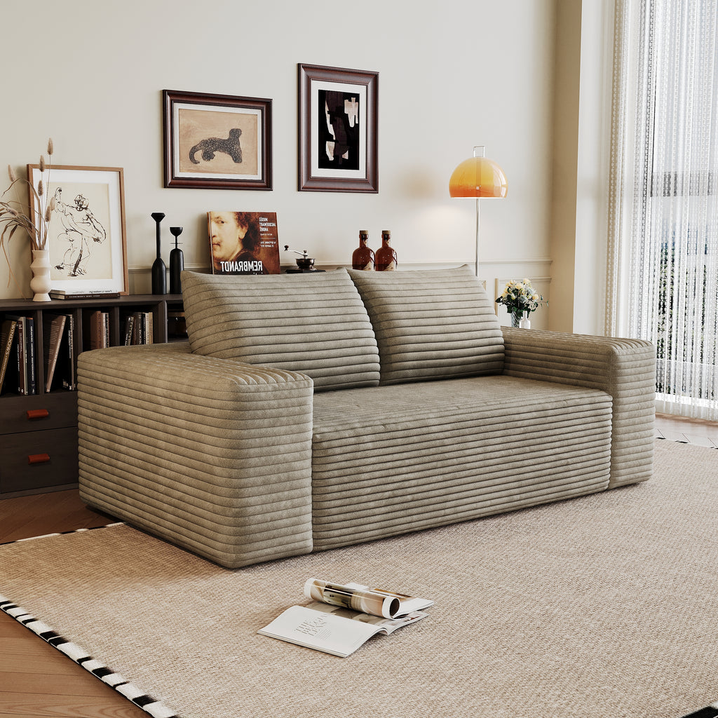 Anthony & Home Signature Corduroy Camel Two-Seater Sofa, with plush cushion and stylish design, shown in a cozy living room setting.