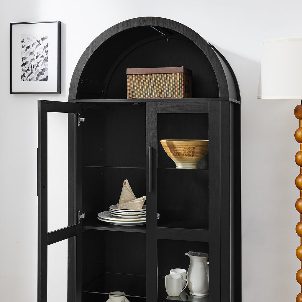 Black arched lamp cabinet with glass partition, designed for stylish interior spaces by Anthony & Home.