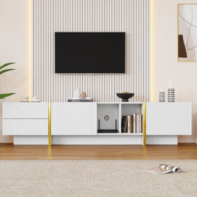 White Embossed TV Stand for 85 Inch TV Console Storage