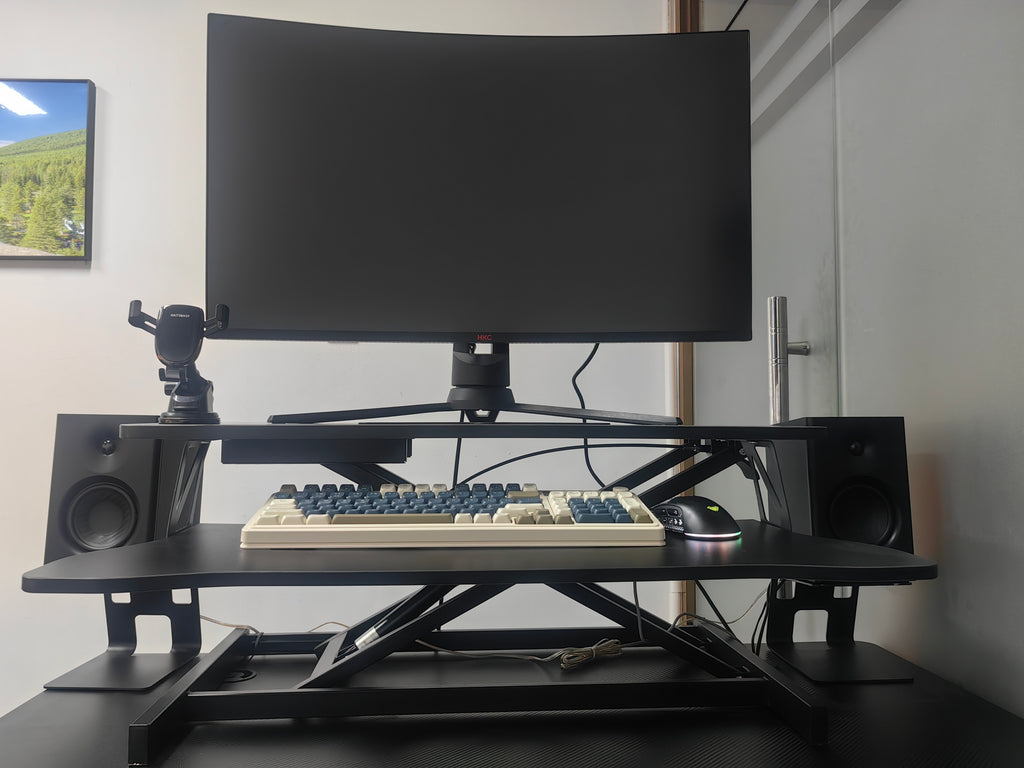 Anthony & Home 32-inch aluminum desk converter with dual monitor tray, adjustable height and sturdy workspace for ergonomic setup.