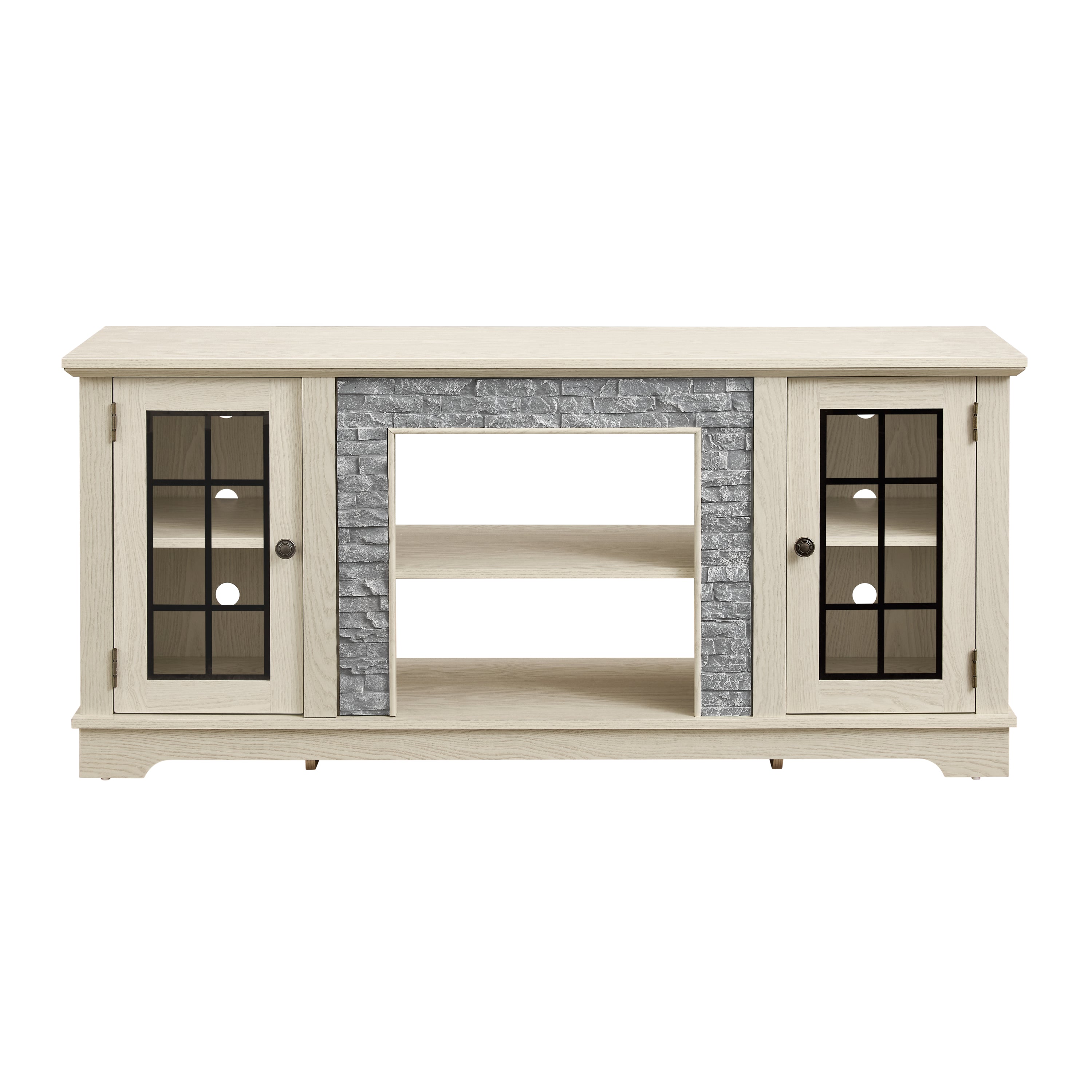 Modern Anthony & Home 58-inch white TV stand with 2-door faux stone storage cabinet, ideal for living room entertainment.