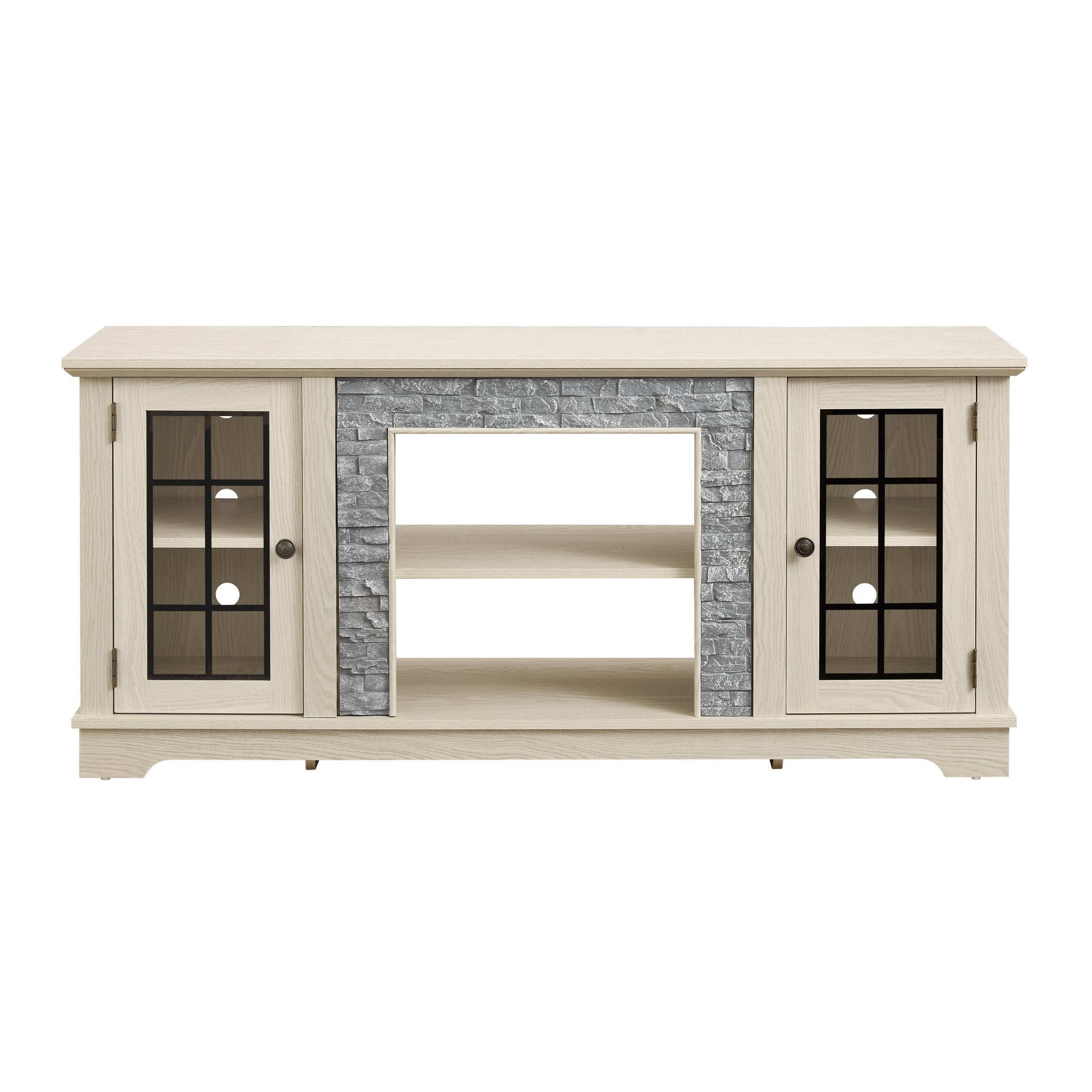 White 58-inch stone-textured TV stand with two doors by Anthony & Home, ideal for modern living rooms.