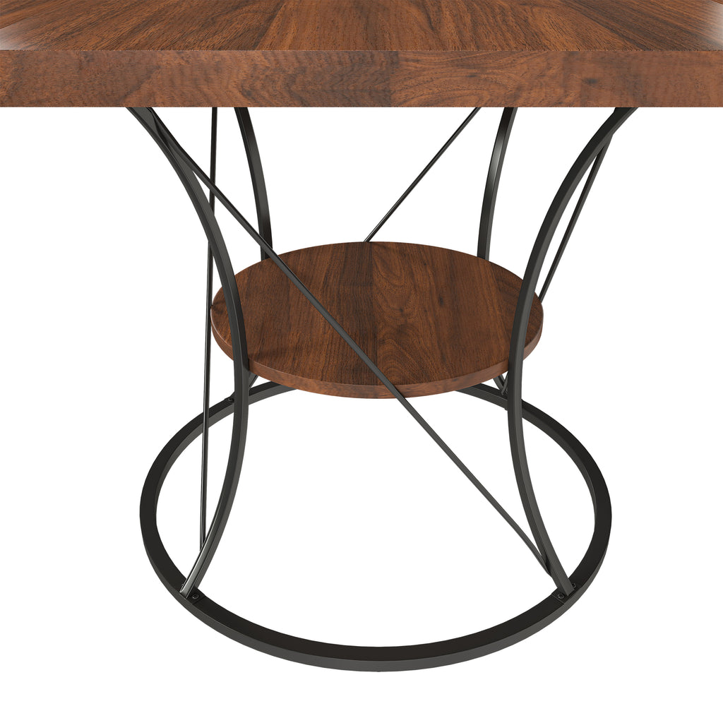 Extendable Anthony & Home studio round dining table made of solid wood, showing the table's polished surface and extendable mechanism.