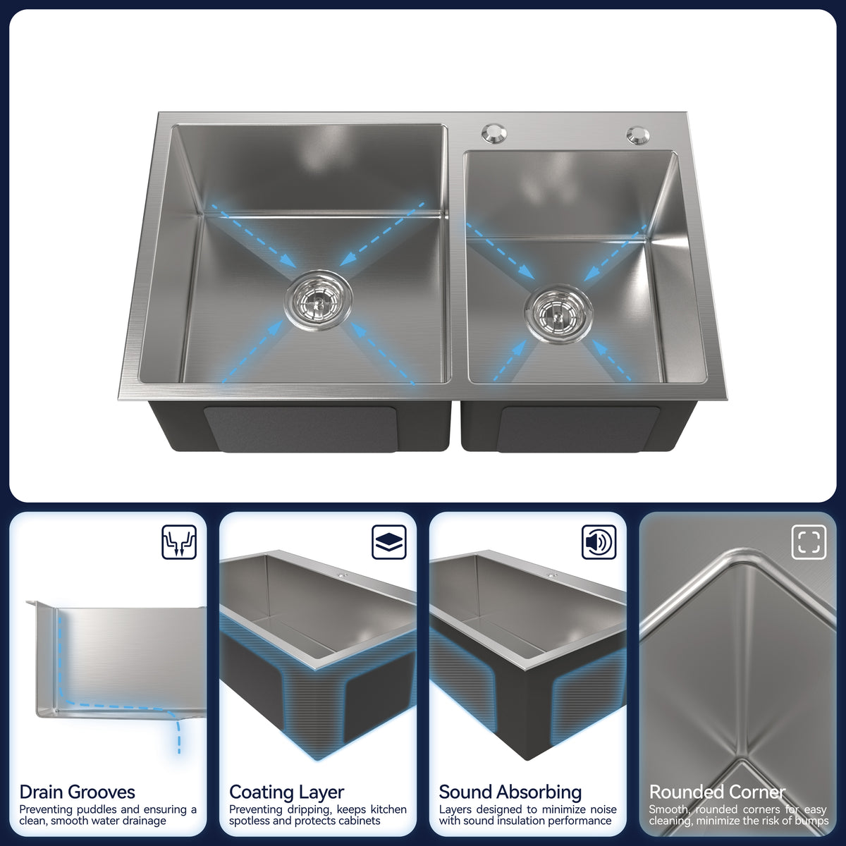 Anthony & Home brushed nickel stainless steel kitchen sink with double bowls, 32x19 inches, part of the Studio Collection.