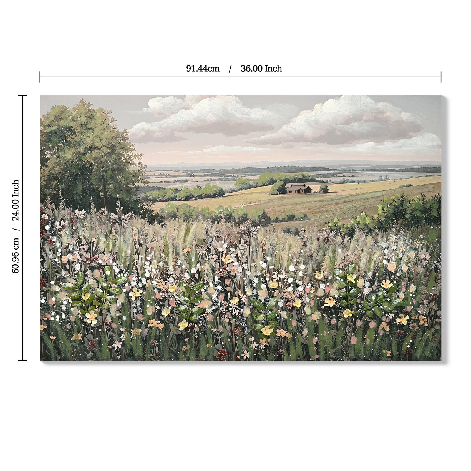Framed canvas wall art of a landscape meadow with flowers, 24x36 inches, from Anthony & Home Signature Collection.