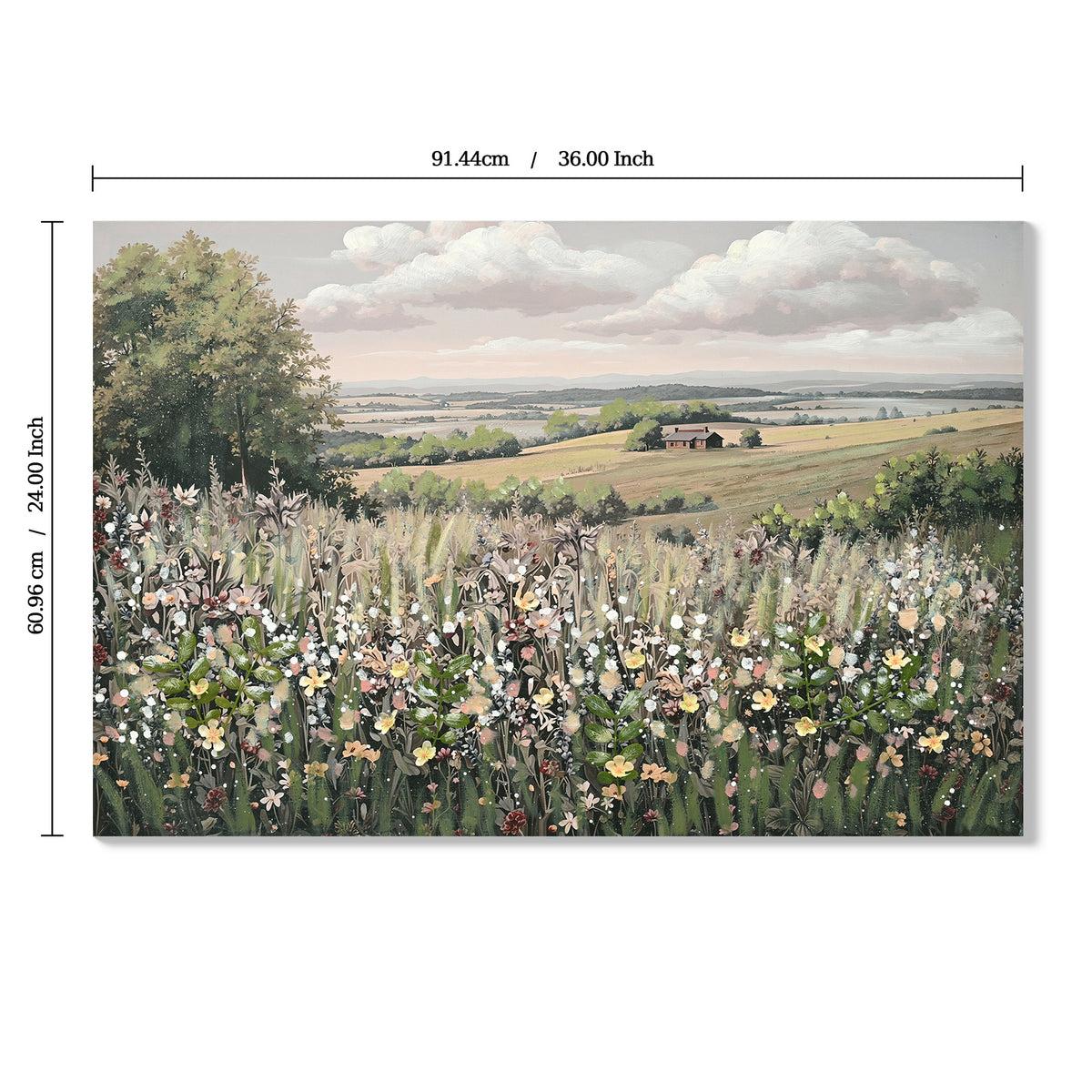 Framed canvas wall art of a landscape meadow with flowers, 24x36 inches, from Anthony & Home Signature Collection.