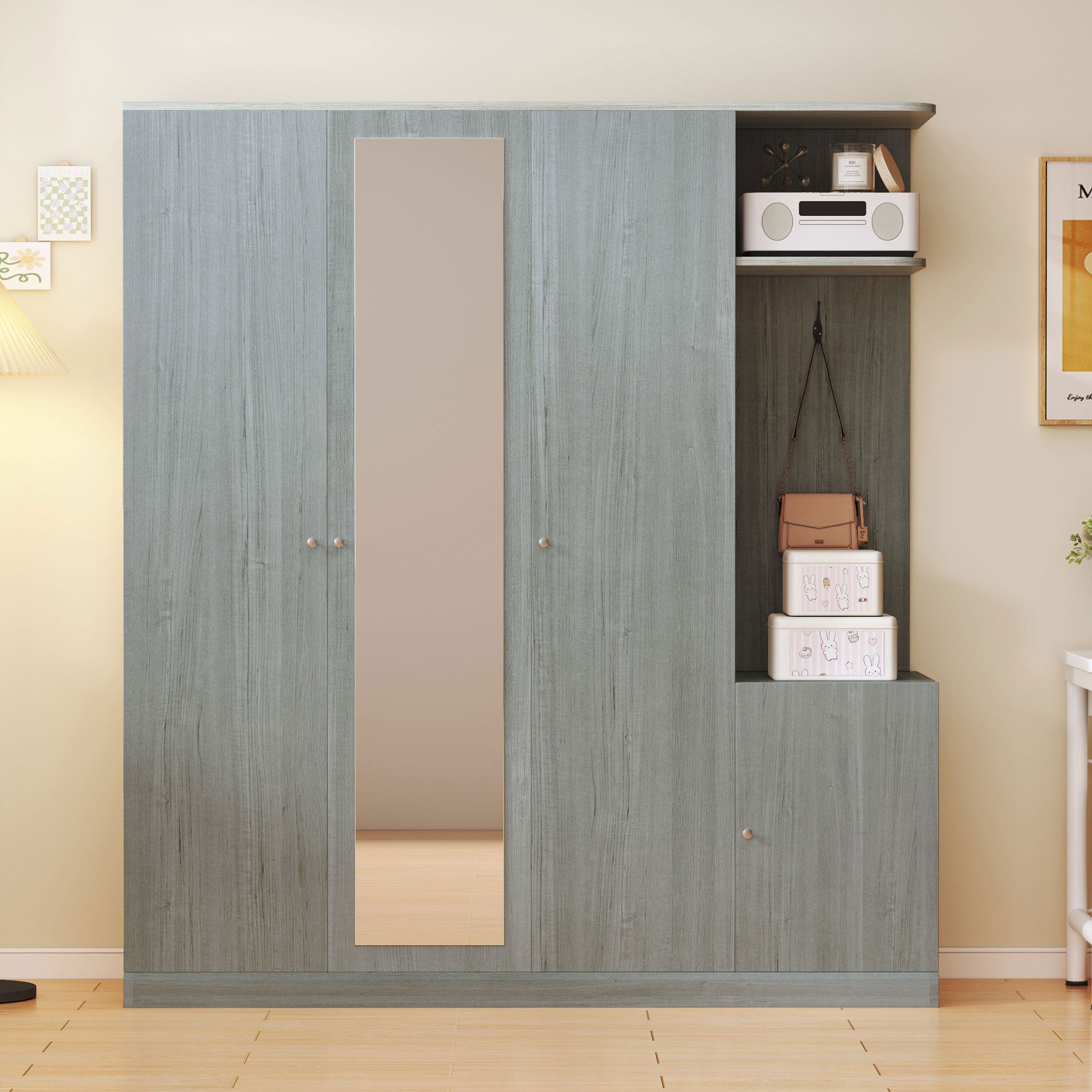 Gray Four Door Wardrobe With Full Length Mirror Shelves And Drawers In Exclusive Particle Board Finish