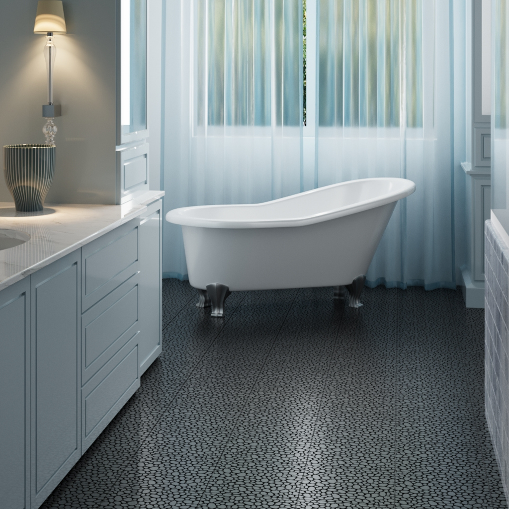 Black interlocking deck tiles from Anthony & Home, all-weather anti-slip polymer, 12x12 inch for outdoor and indoor use.