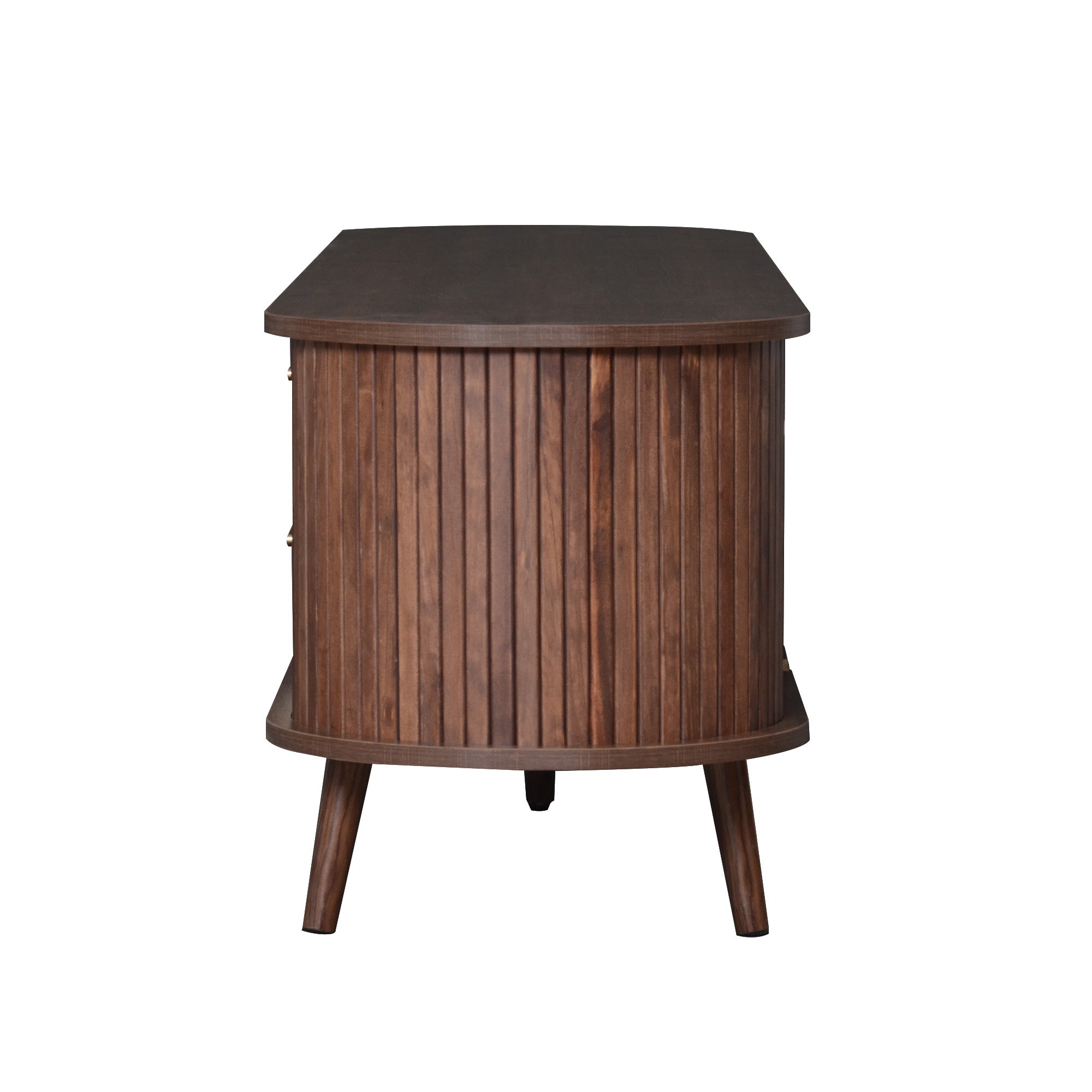 Dark brown mid-century modern TV stand with solid wood construction and storage compartments by Anthony & Home.