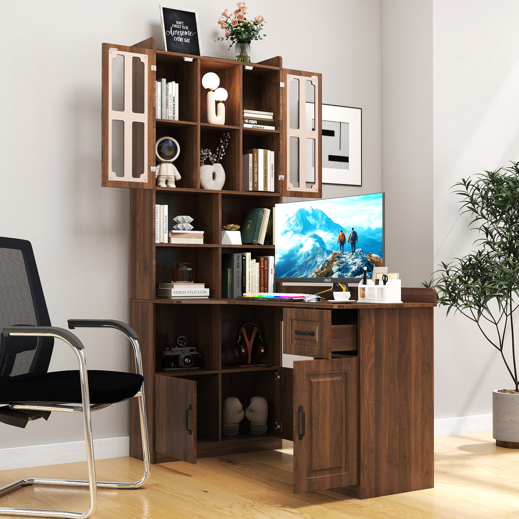 L-shaped corner desk with hutch in oak veneer by Anthony & Home, featuring a spacious workspace and storage hutch.