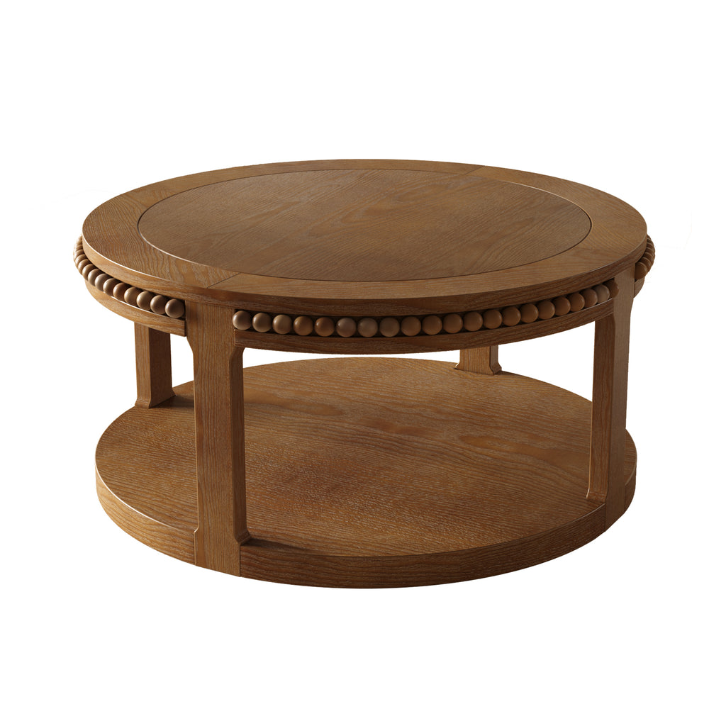Anthony & Home Studio Walnut round coffee table with two-tier solid wood design, featuring a sleek and modern style.
