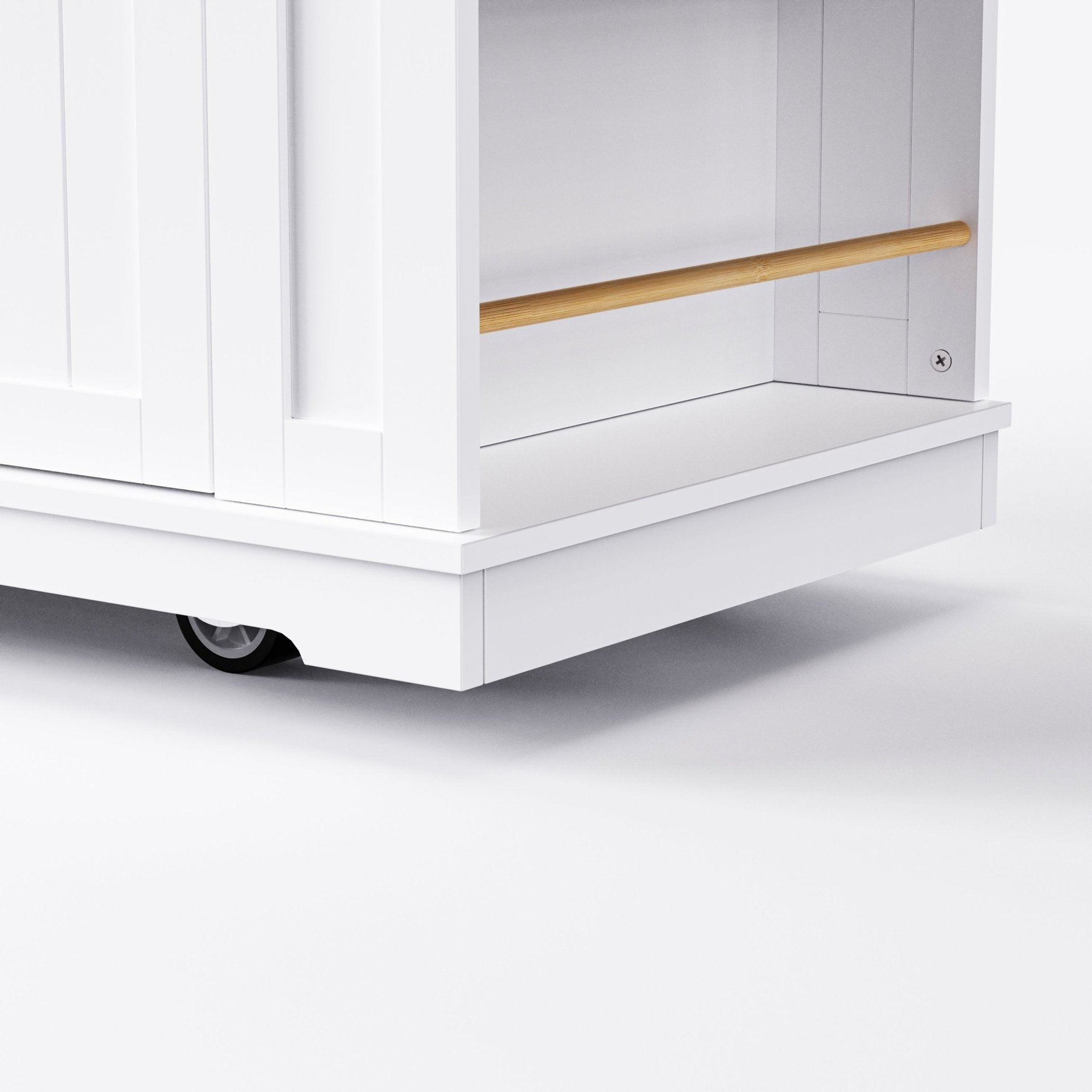 White kitchen island with drop leaf, bar stools, storage cart, and power outlet, crafted by Anthony & Home in MDF material.
