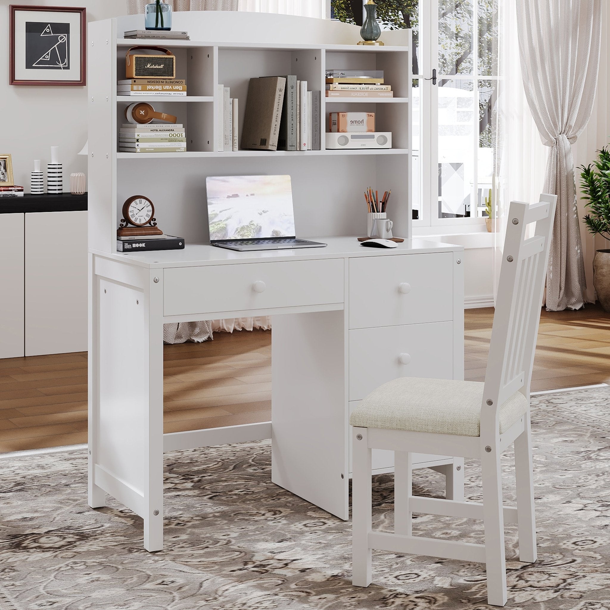 Vintage wood executive desk and matching chair from Anthony & Home Heritage Collection, featuring classic craftsmanship and rich wood finish.
