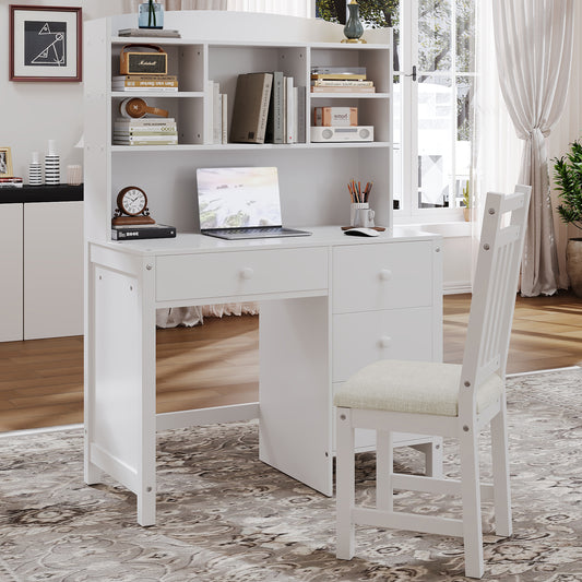 Vintage Wood Executive Desk And Upholstered Chair Set With Bookshelf In White Heritage Collection