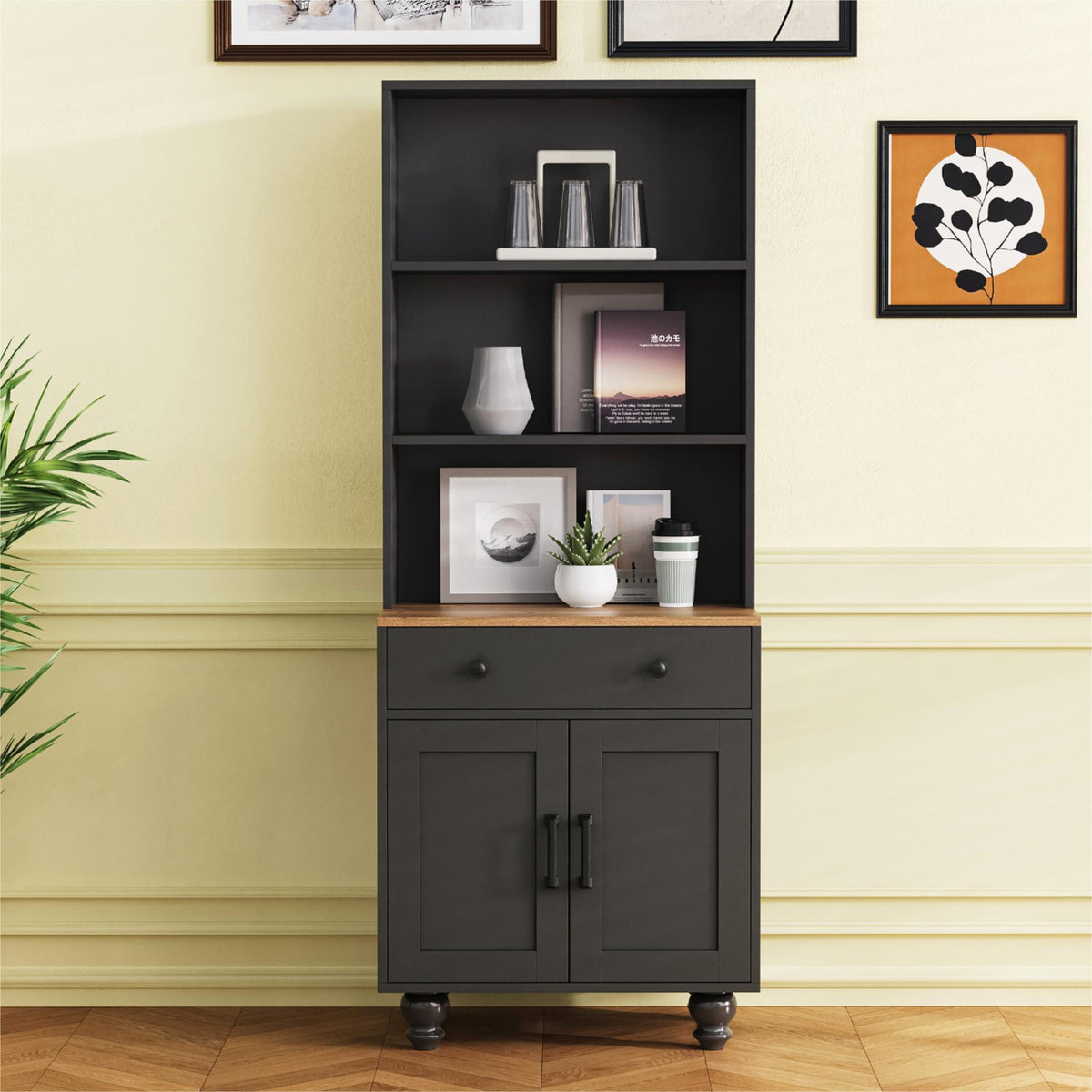 Black farmhouse storage cabinet with solid wood gourd-shaped legs from Anthony & Home Studio Collection, showcasing a stylish, functional design.