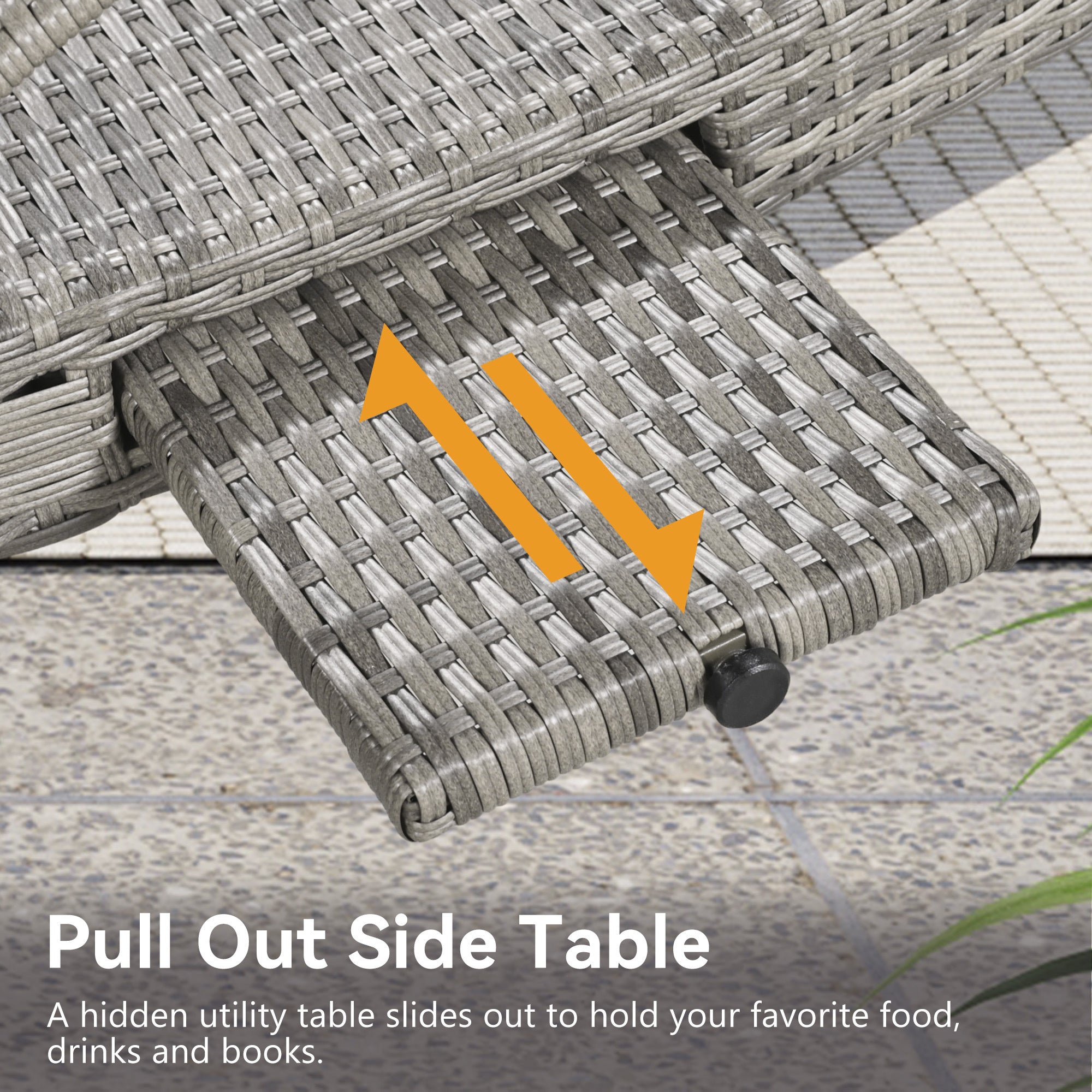 Pair of Anthony & Home K&K 80-inch outdoor wicker chaise lounge chairs with adjustable backs and side table in grey.