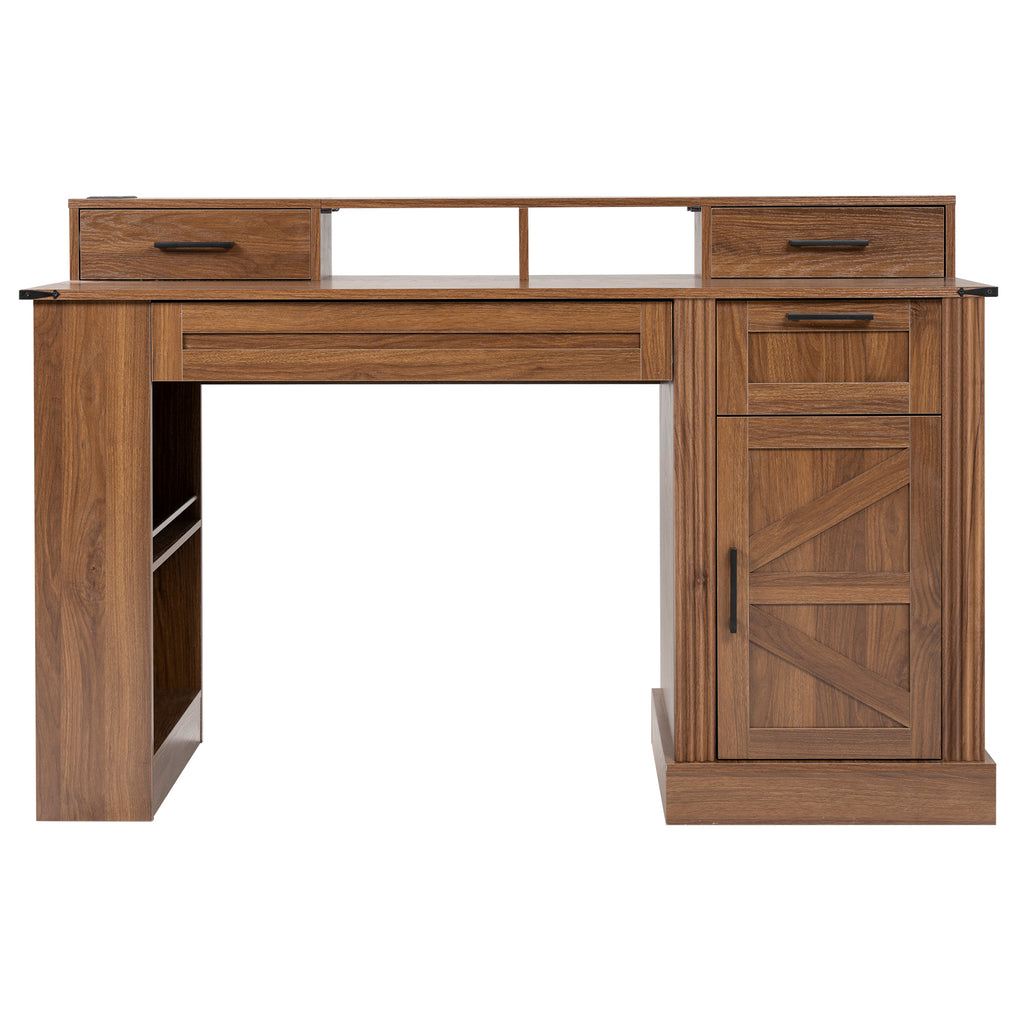 Anthony & Home 55-inch dark walnut farmhouse office desk with barn door design, storage, and keyboard tray.
