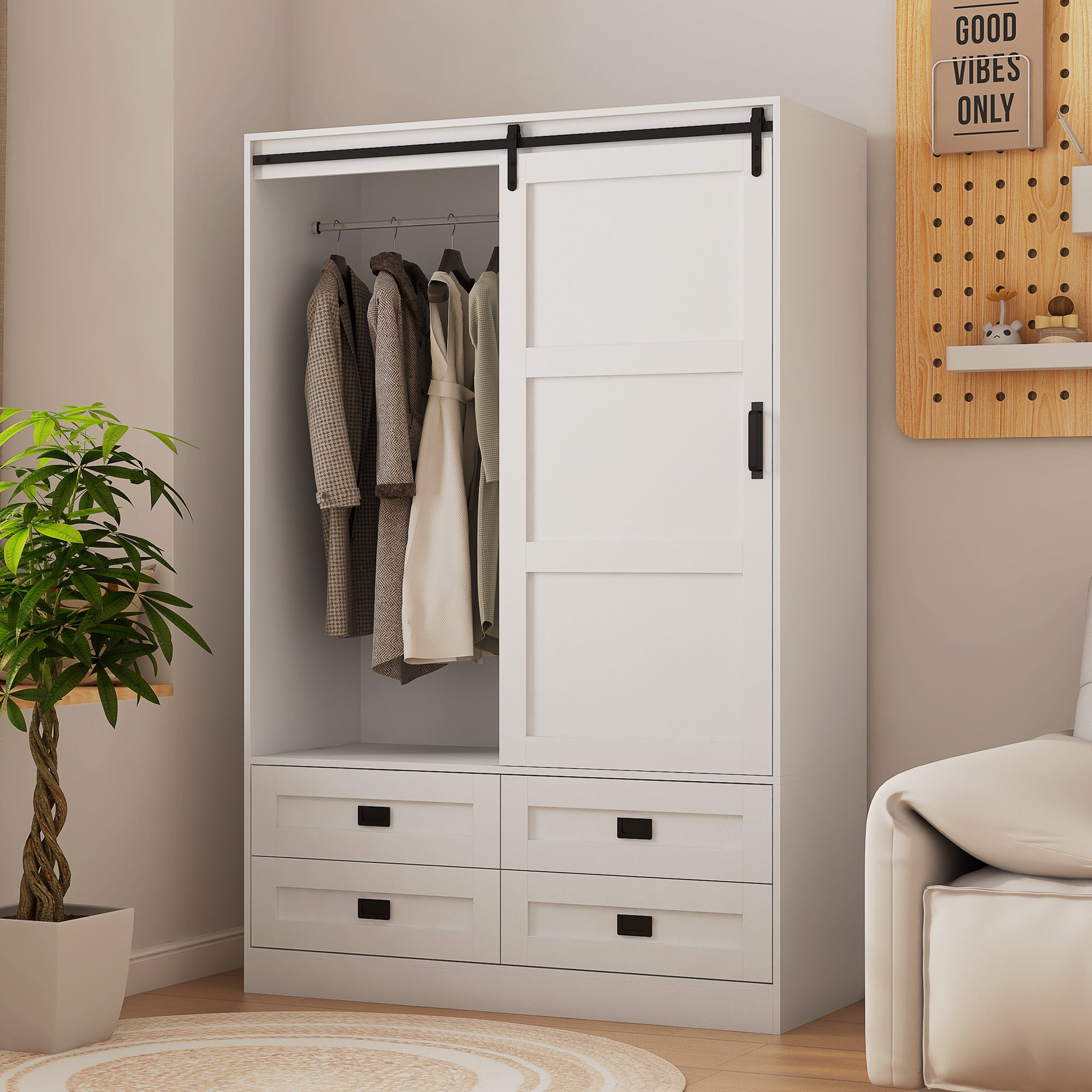 Tall Anthony & Home armoire with barn door featuring sleek wood finish and modern design for stylish storage.