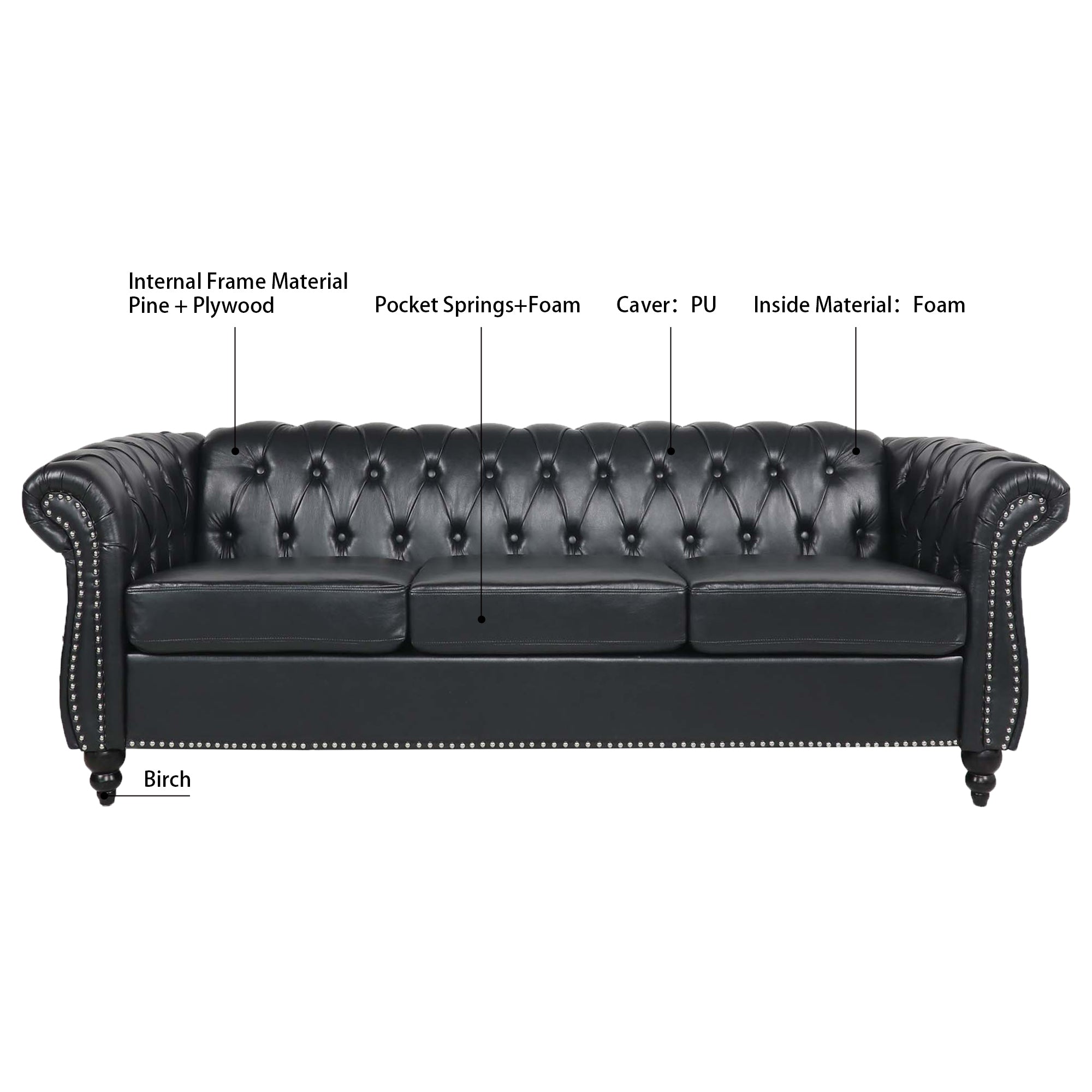 Anthony & Home Chesterfield rolled-arm three-seater sofa with plush upholstery and classic design, shown in a stylish living room setting.