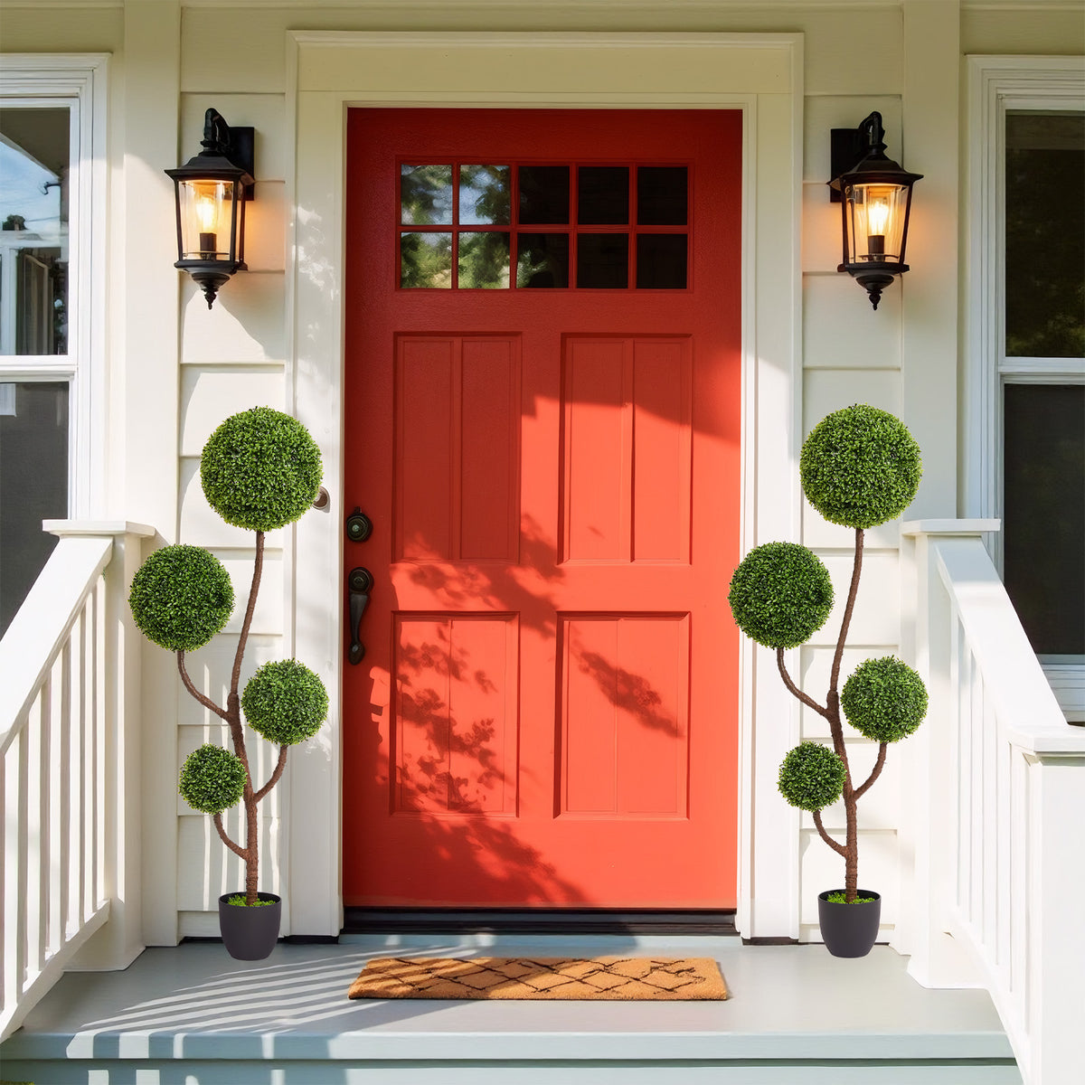 Boxwood topiary tree with triple ball shape, 59-inch height, from Anthony & Home Atelier, showcasing lush green foliage and decorative design.