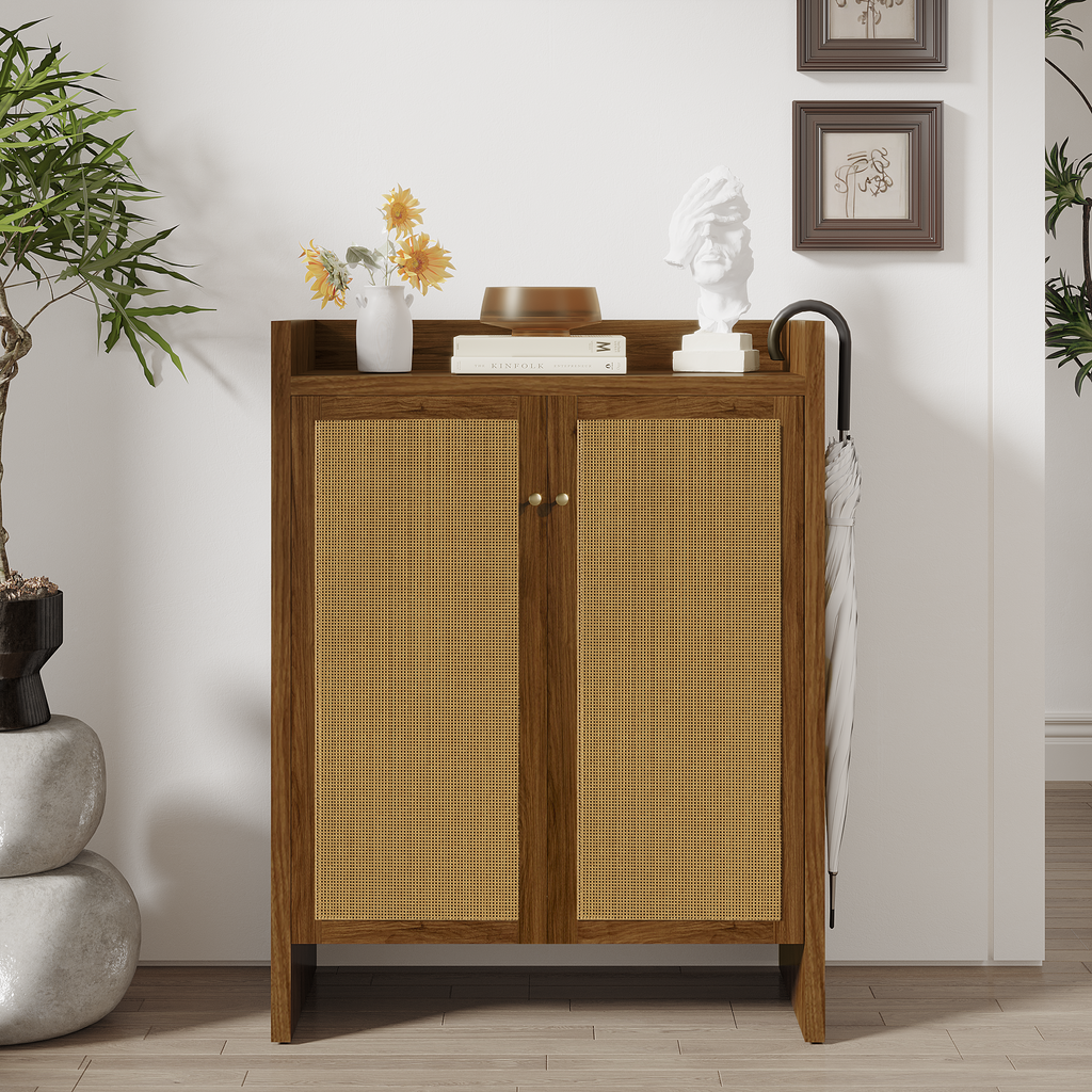 Walnut finish shoe cabinet with 6 tiers, freestanding entryway organizer from Anthony & Home Signature Collection.