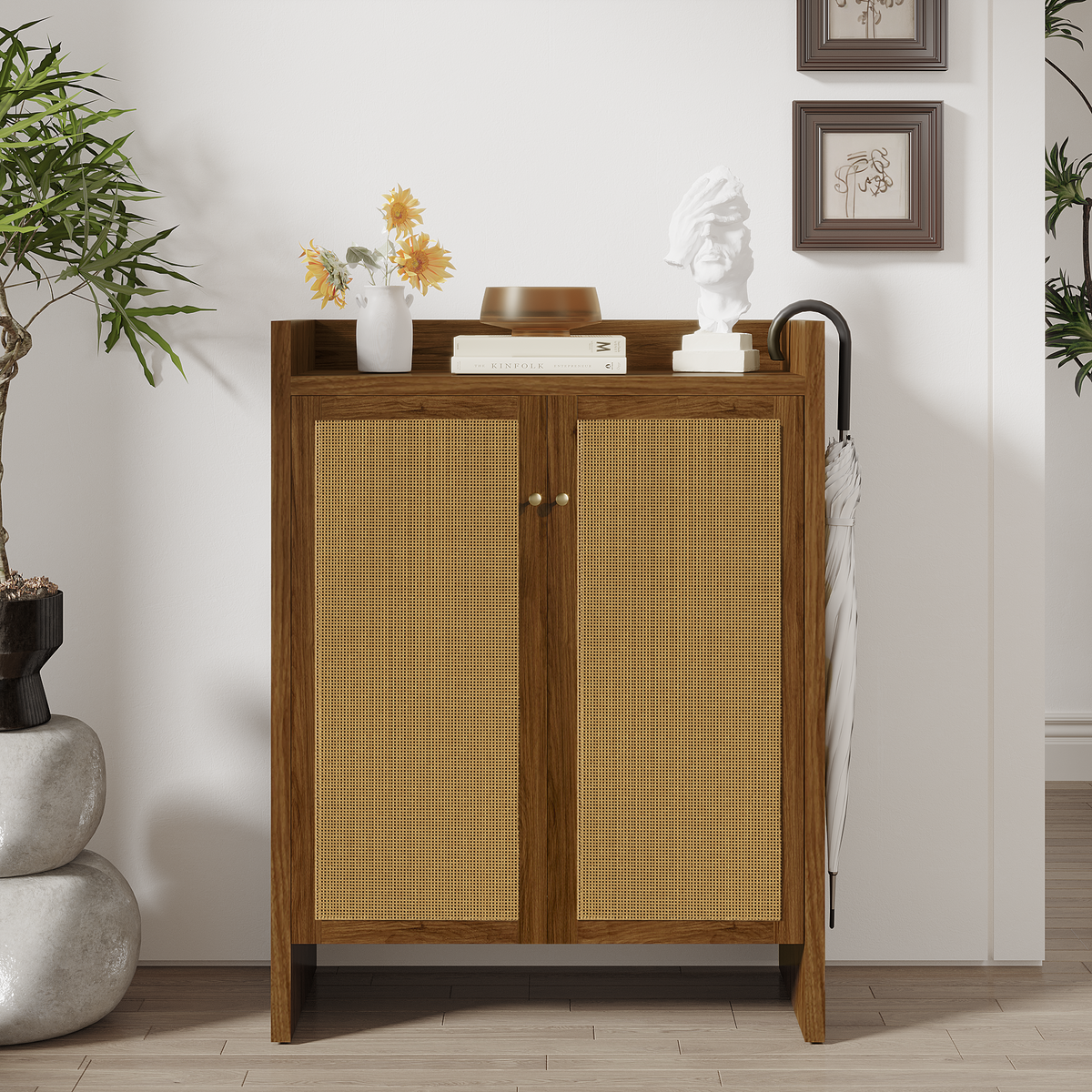 Walnut finish shoe cabinet with 6 tiers, freestanding entryway organizer from Anthony & Home Signature Collection.
