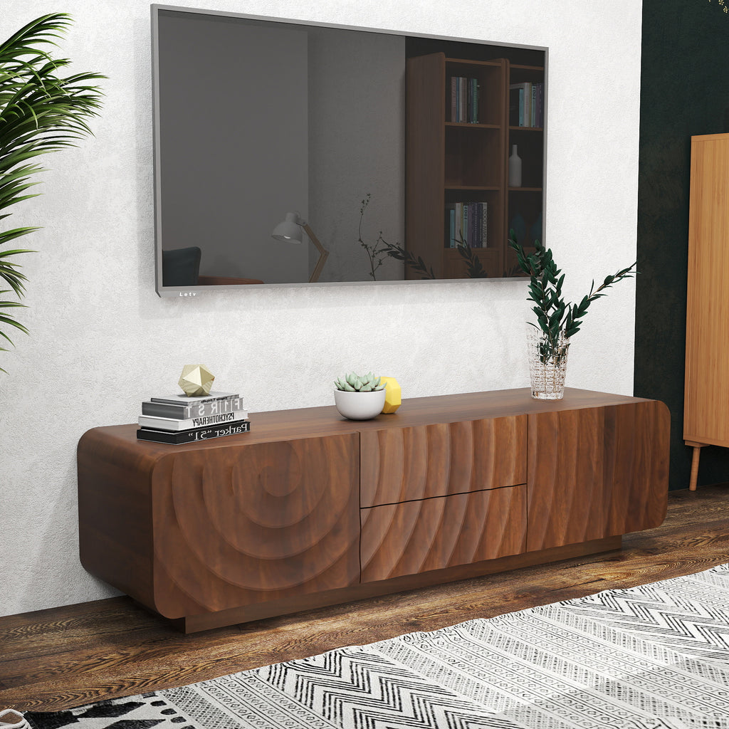 Anthony & Home 58-inch walnut TV console with spiral wave design, storage cabinet, and two drawers for modern living rooms.