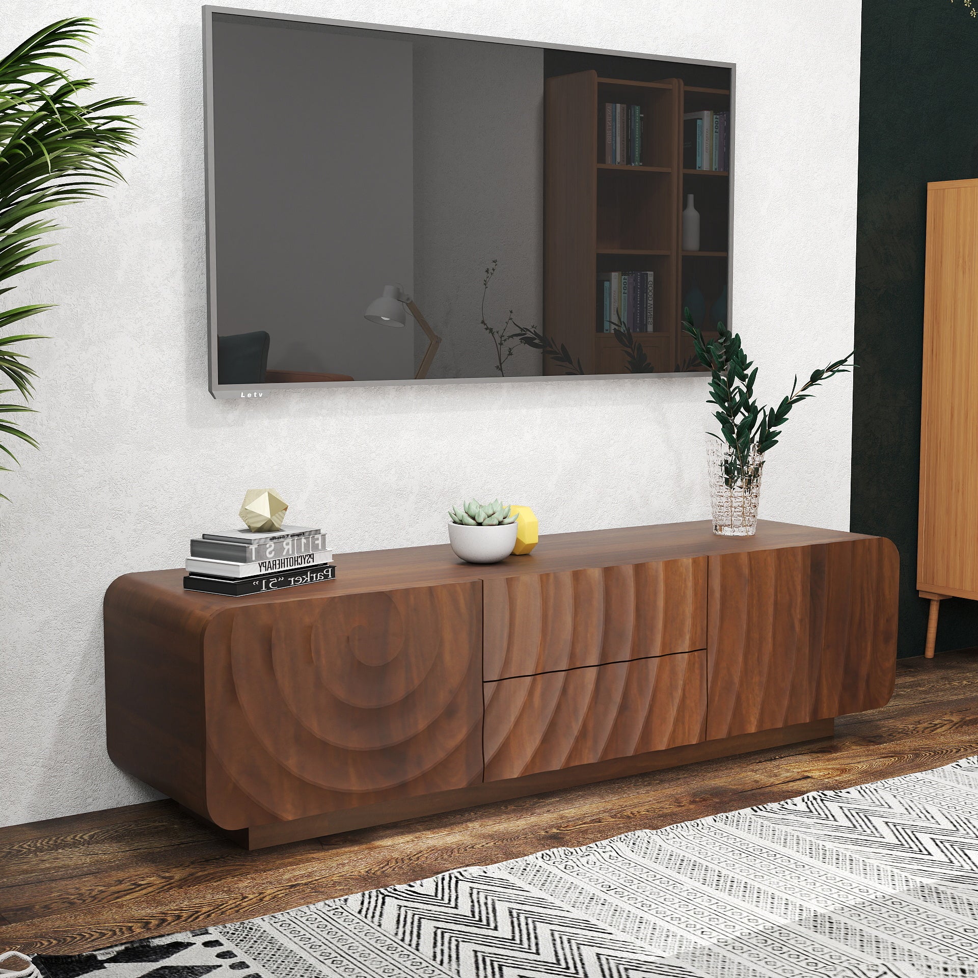 Anthony & Home 58-inch walnut TV console with spiral wave design, storage cabinet, and two drawers for modern living rooms.