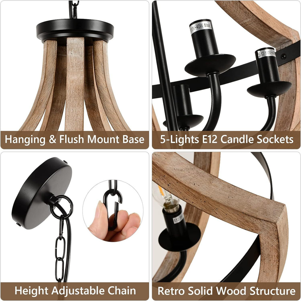 Solid Wood Farmhouse Chandelier Adjustable Dining Room Brown