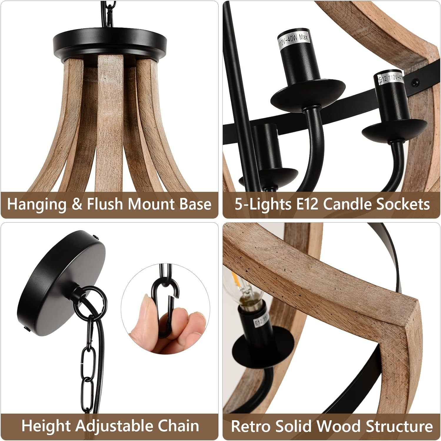 Solid Wood Farmhouse Chandelier Adjustable Dining Room Brown