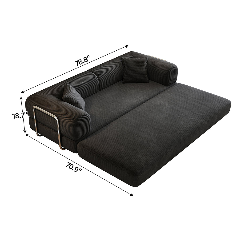 Black corduroy convertible sofa bed from Anthony & Home's Atelier Collection, showing its sleek design and plush fabric upholstery.