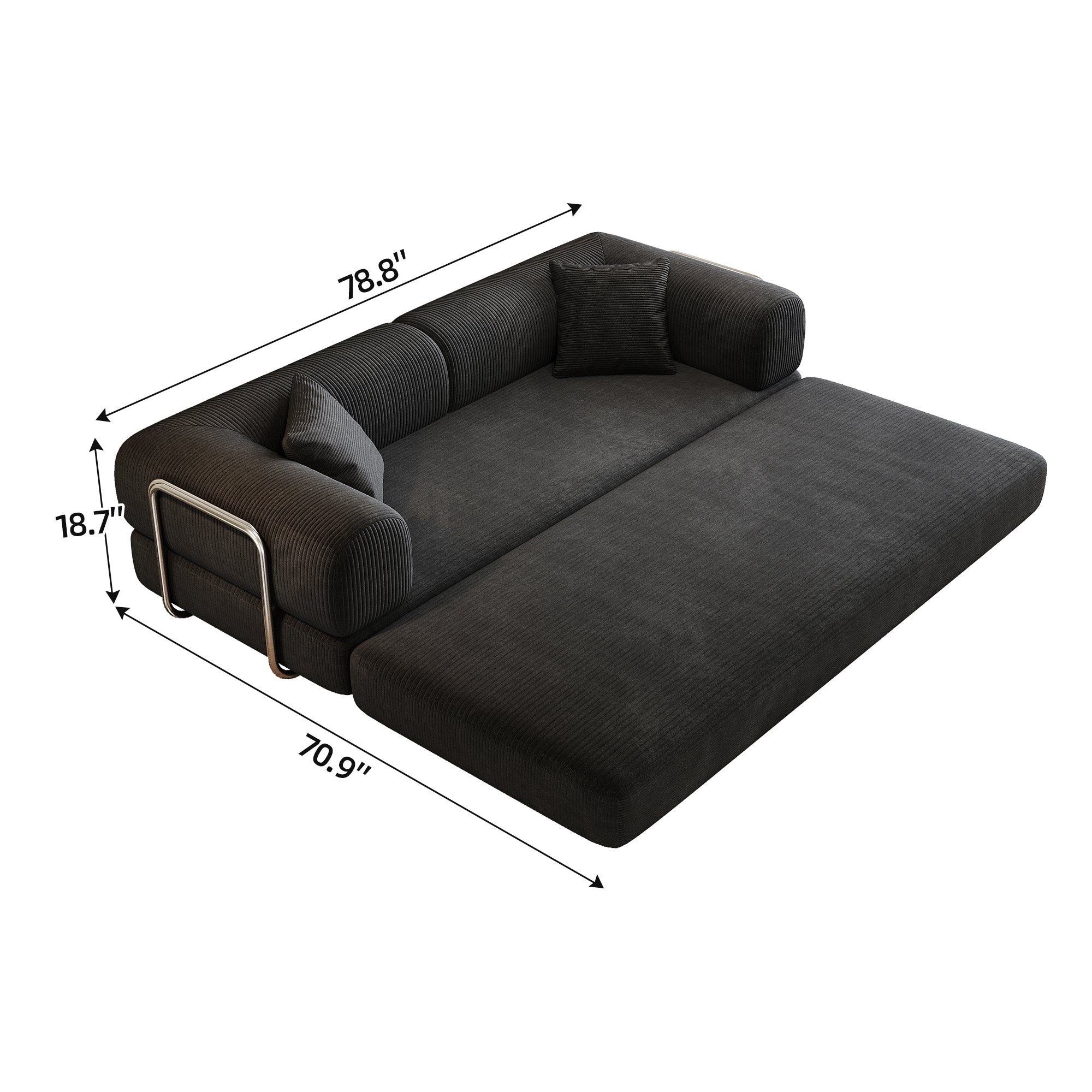 Black corduroy convertible sofa bed from Anthony & Home's Atelier Collection, showing its sleek design and plush fabric upholstery.