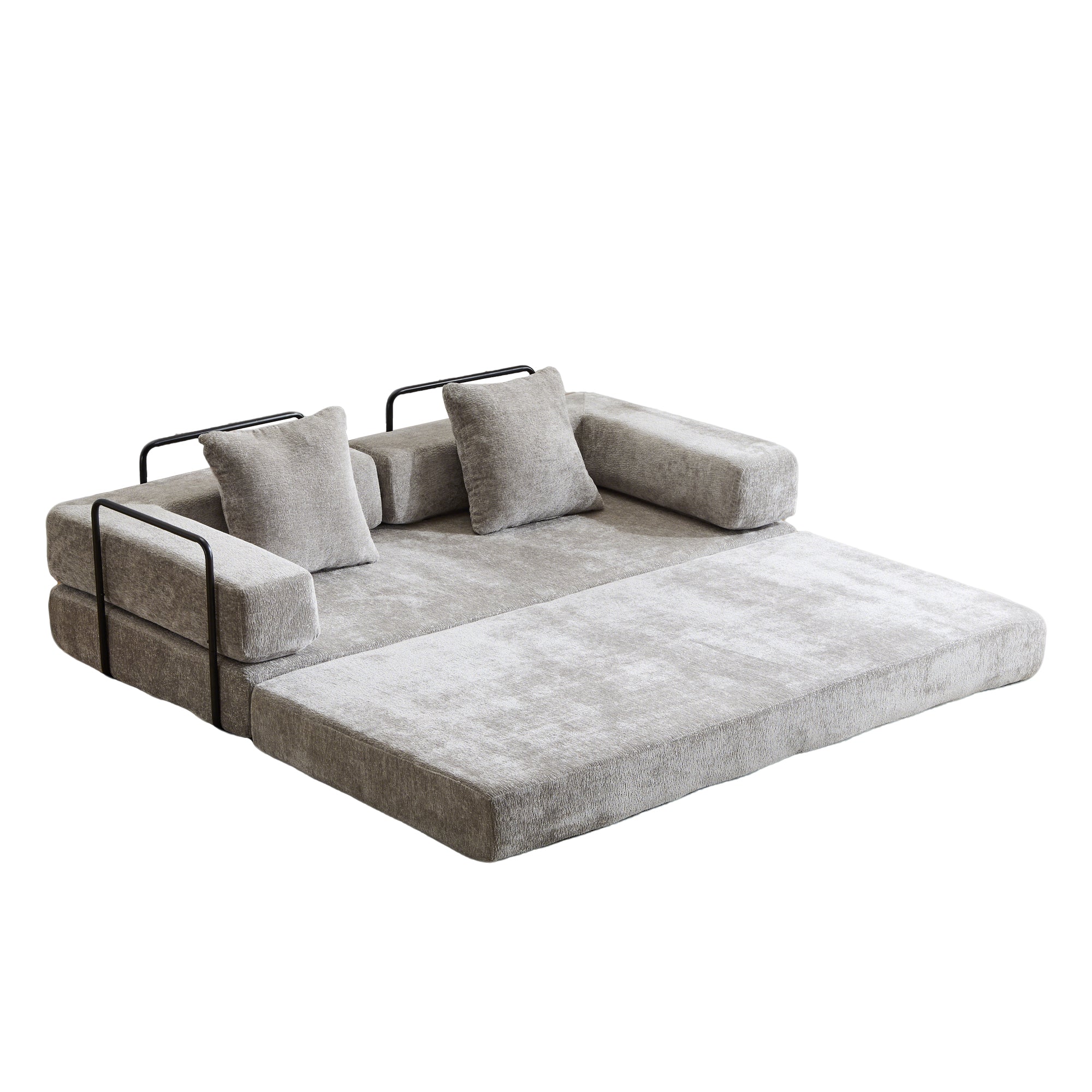Light grey Anthony & Home chenille sofa bed with pillow back, convertible design and modern style.