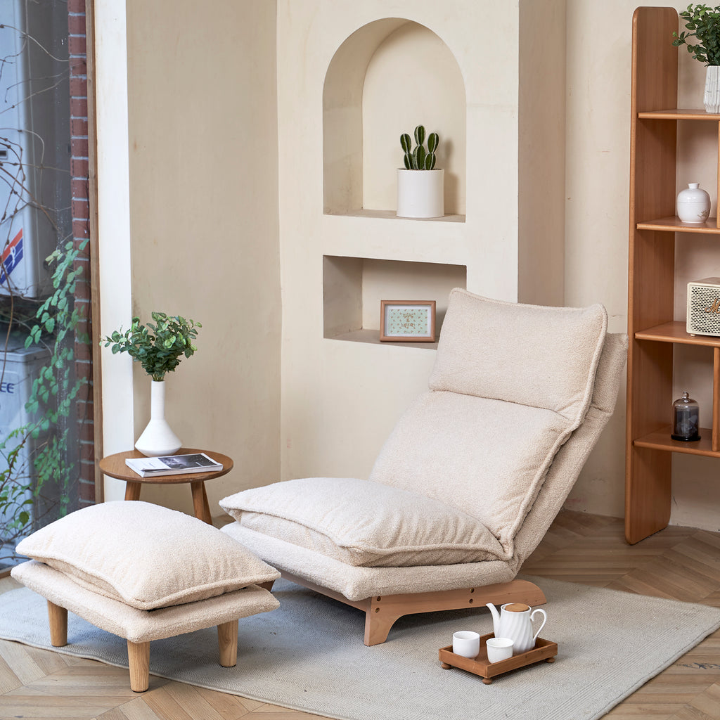 Beige Anthony & Home foldable metal frame recliner with cushion, designed for comfort and easy storage.