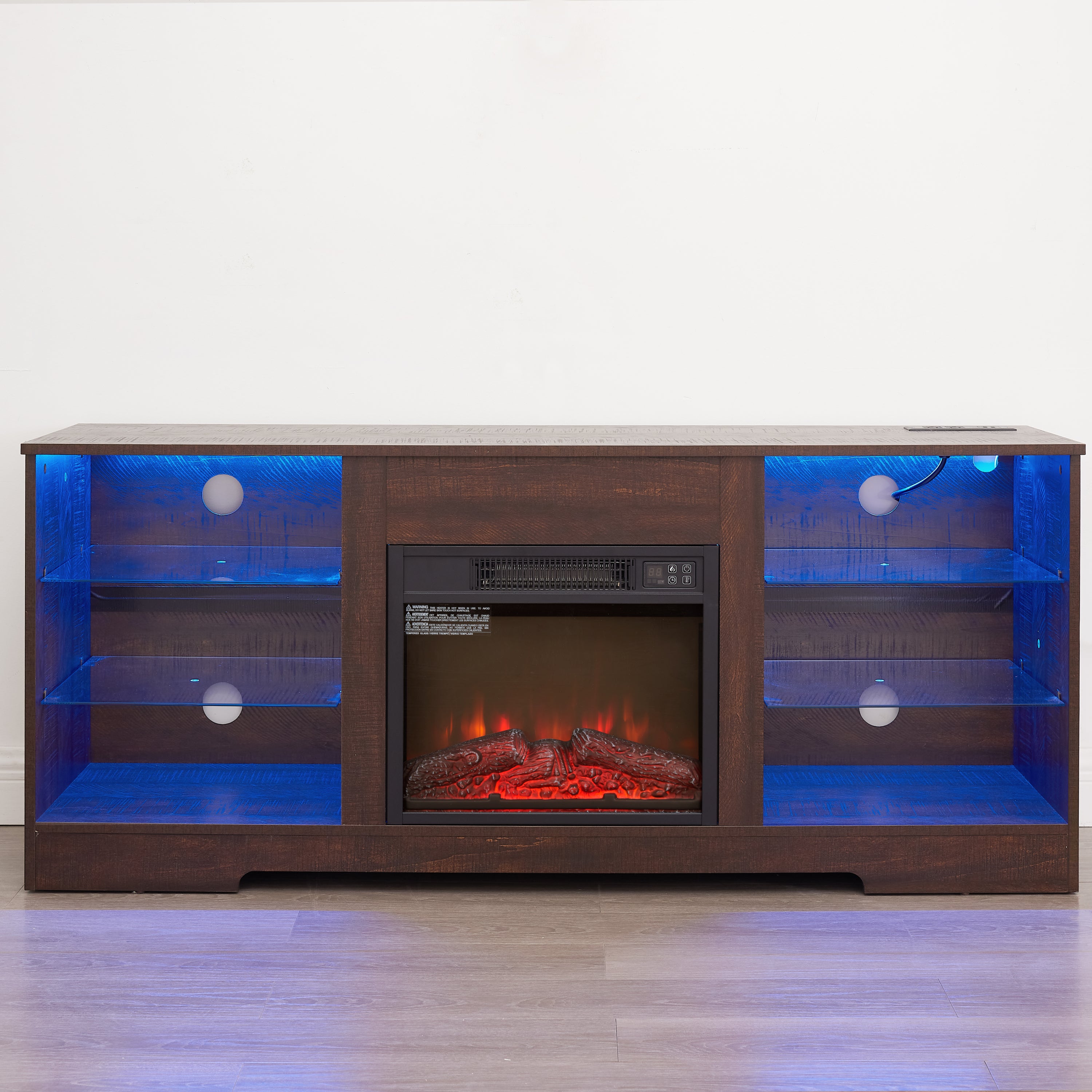Anthony & Home electric fireplace TV stand with glass shelves, LED lighting, USB outlet, in the Studio Collection.