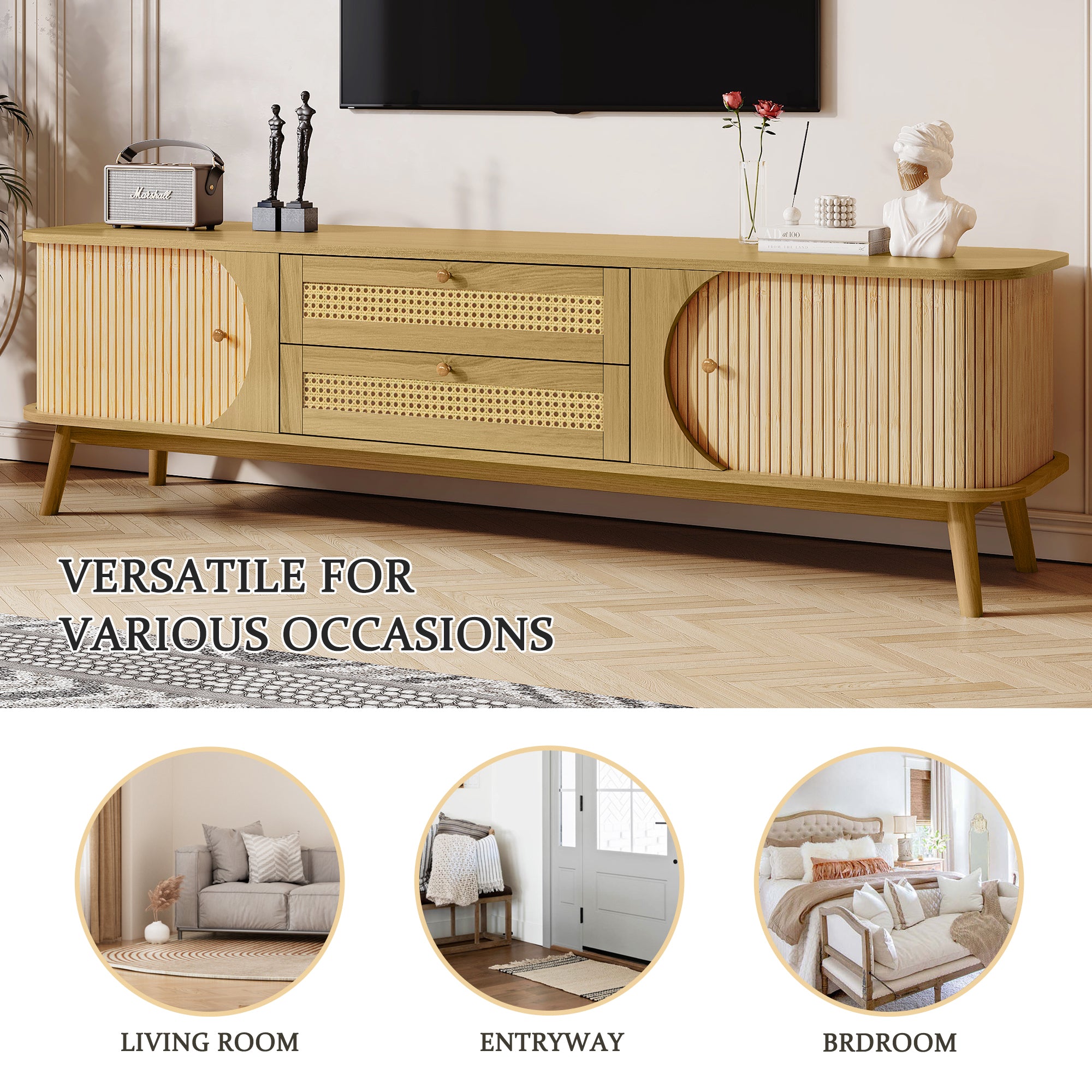 Anthony & Home rattan television console with open shelving and sleek design, ideal for modern living room decor