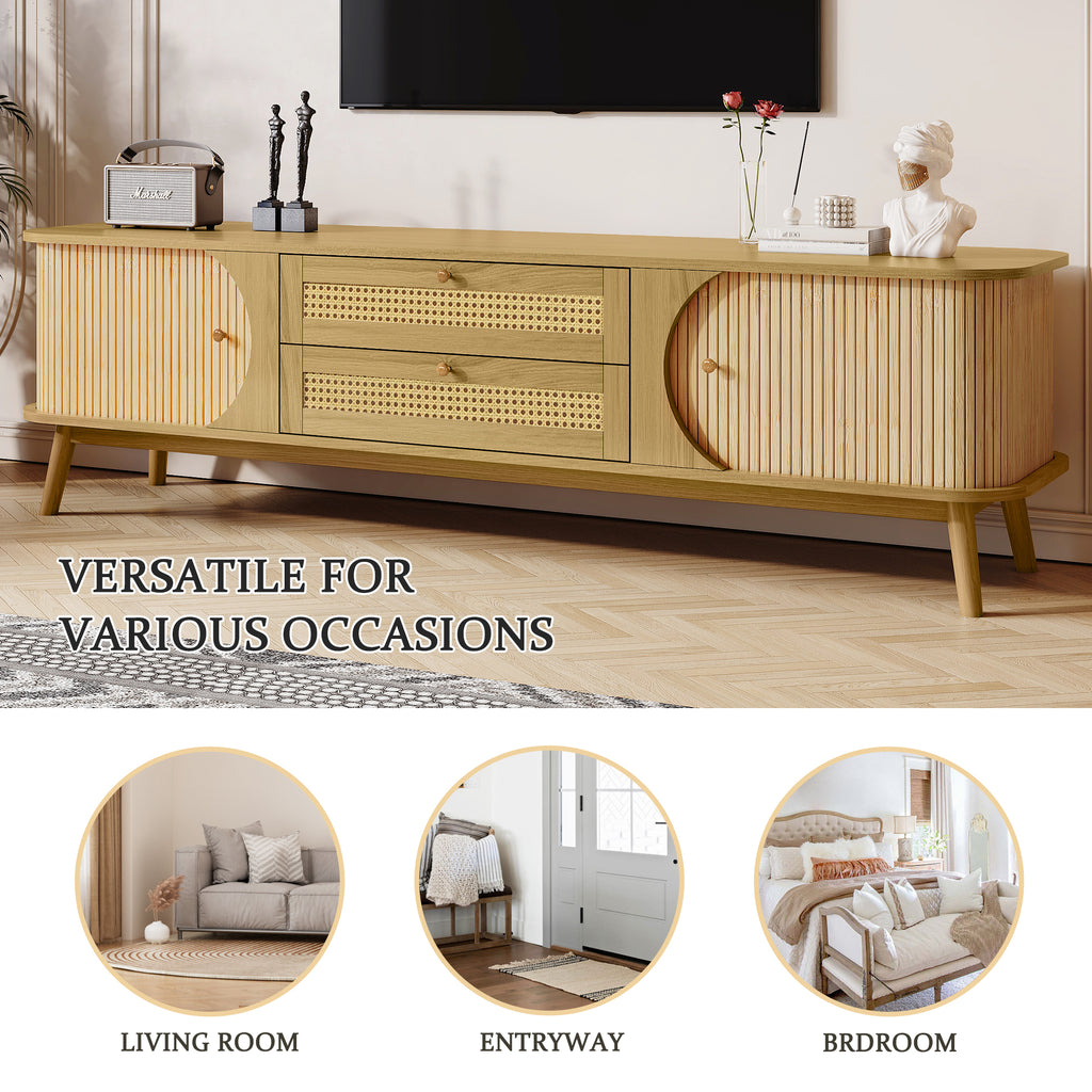 Anthony & Home rattan television console with open shelving and sleek design, ideal for modern living room decor
