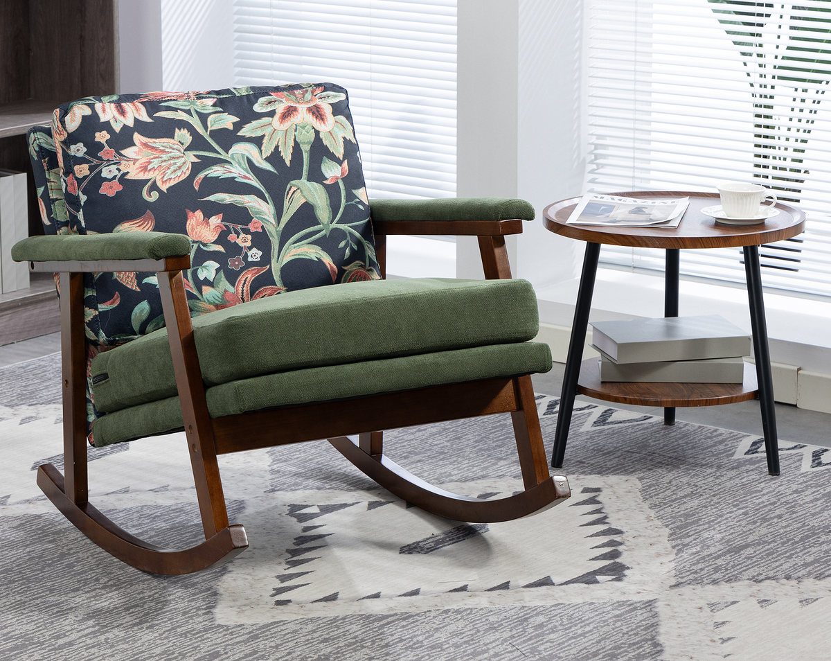 Mid-century modern walnut frame Anthony & Home studio rocking chair with cushioned seat and curved armrests.