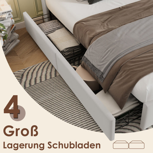 Beige Velvet Metal Bed Frame With USB C And Four Drawers