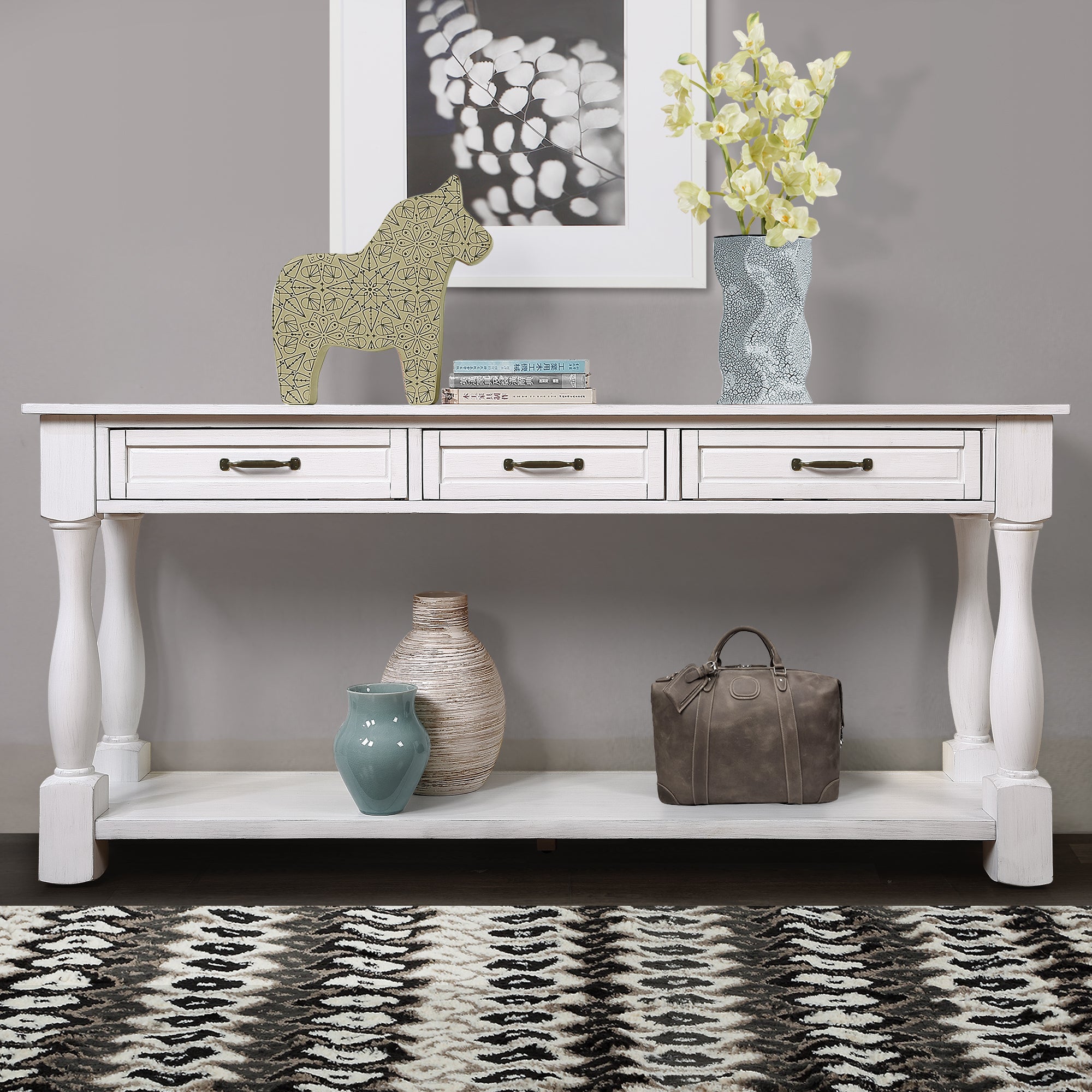 Antique White Wood Console Table With 63-Inch Length, 3 Drawers And Bottom Shelf, Easy Assembly