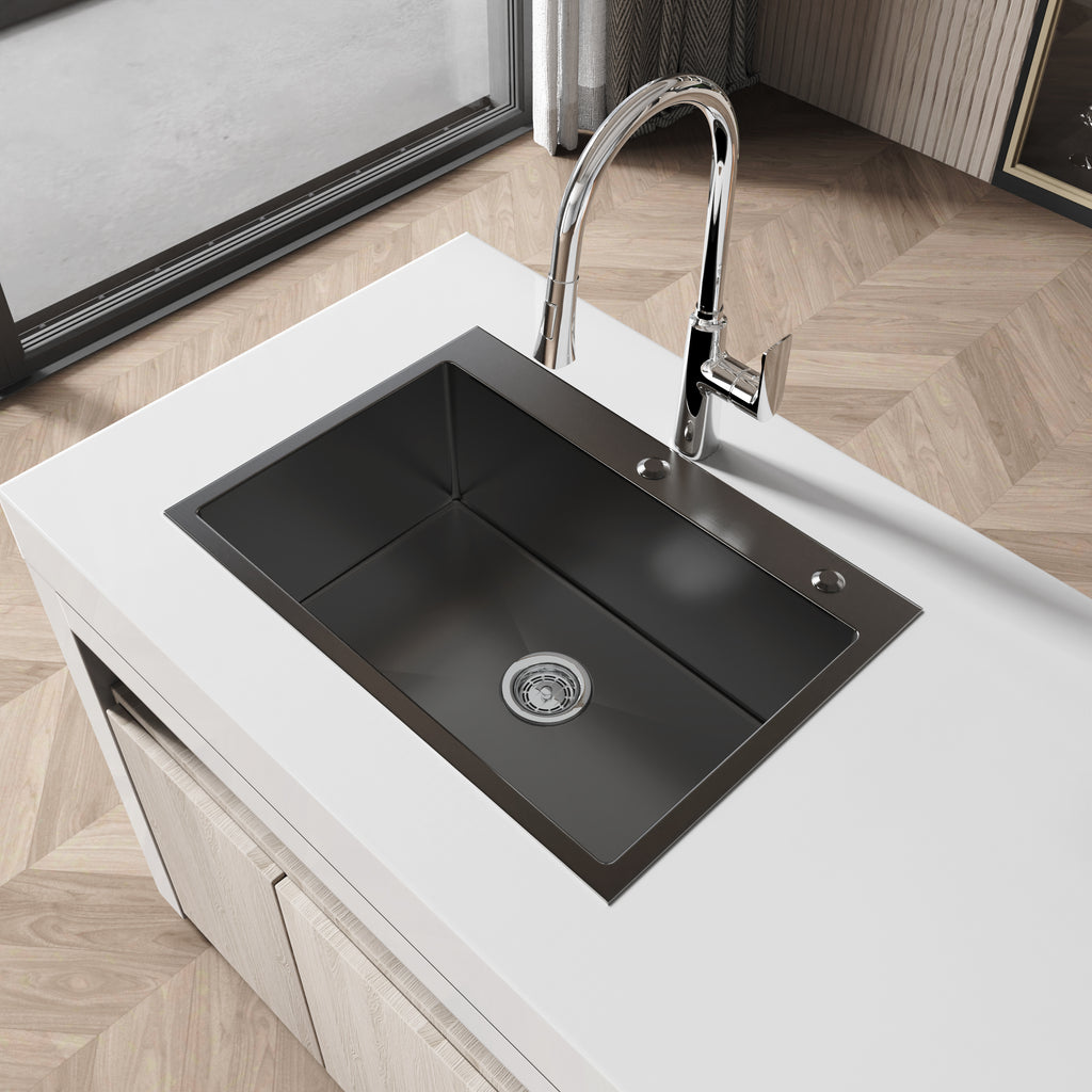 Handmade black stainless steel kitchen sink overmount by Anthony & Home, with sleek design and durable finish.
