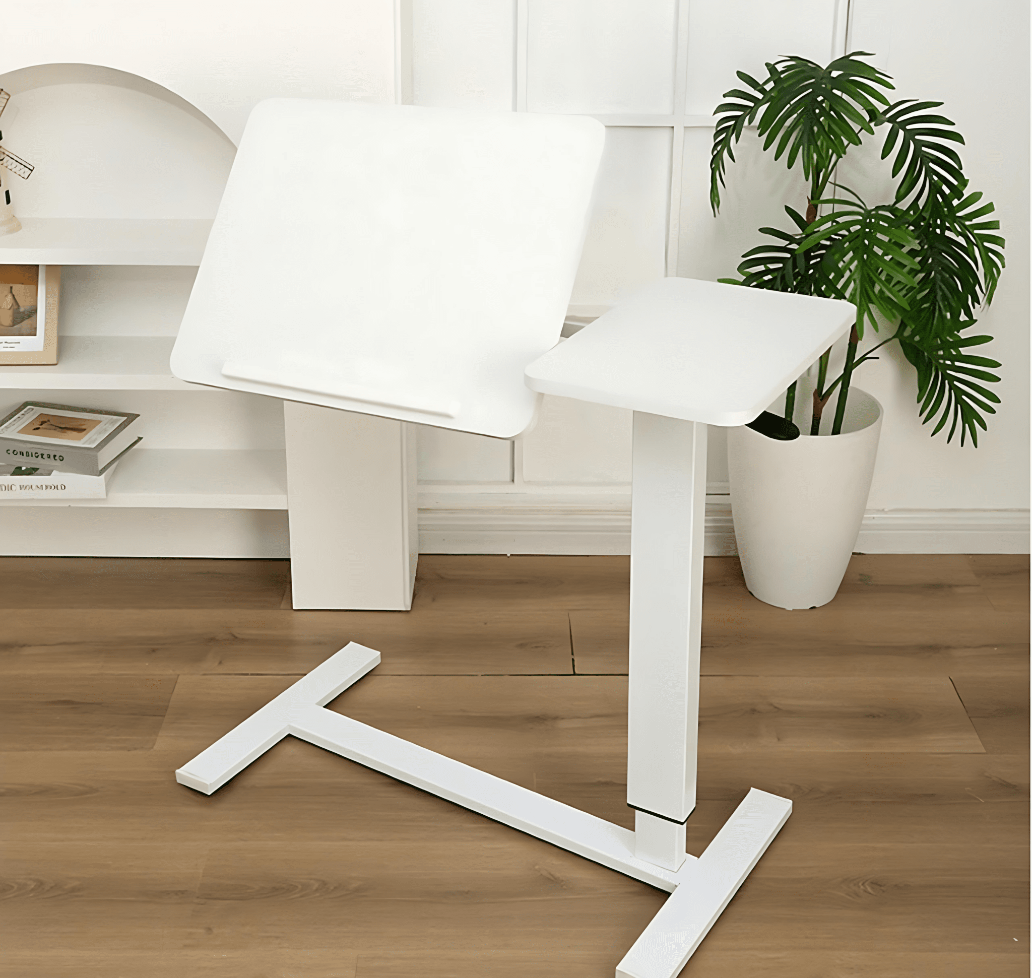 White MDF and metal overbed bedside desk from Anthony & Home's Atelier Edition, modern and luxurious for convenient bedside use.