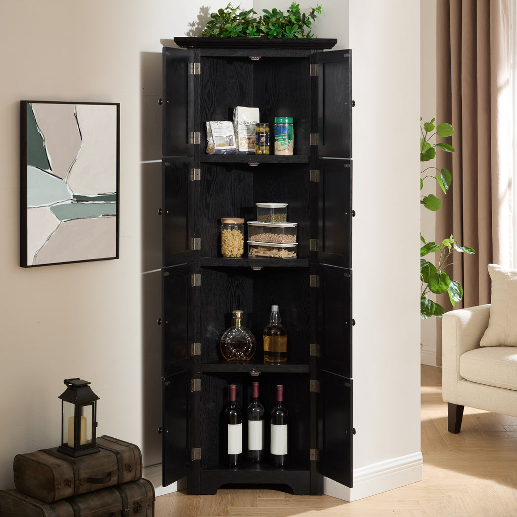 Corner pantry cabinet in matte black finish from the Studio Collection by Anthony & Home, showcasing storage shelves and sleek design.