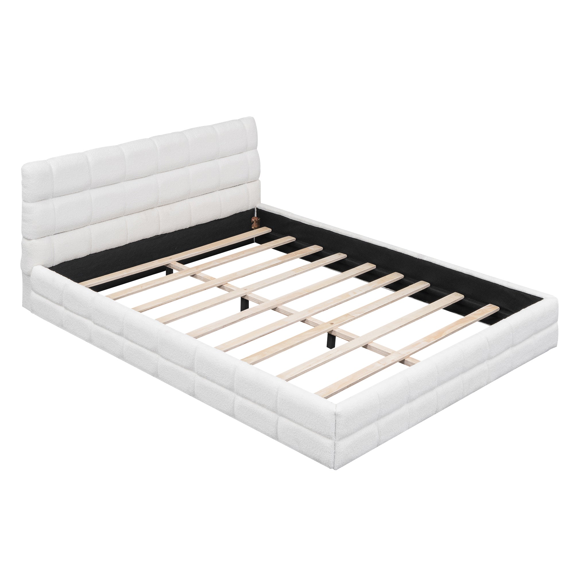 Queen platform bed with white velvet upholstery and wood frame by Anthony & Home, showcasing a modern and elegant bedroom furniture piece.